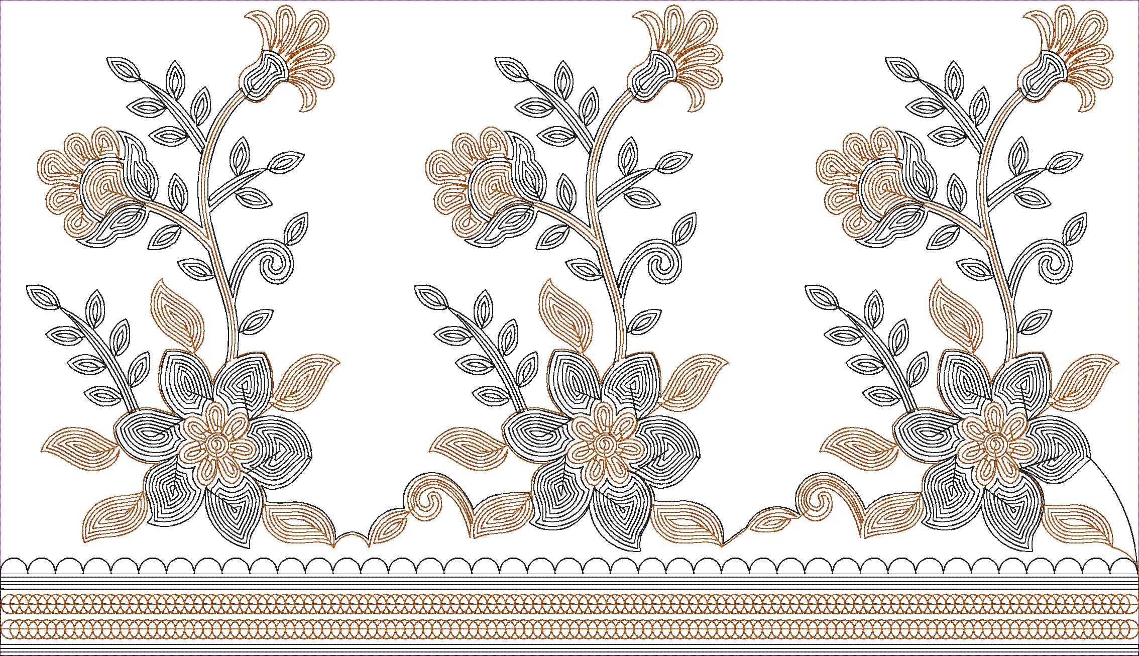 Embroidery design: A repeating border embroidery design featuring stylized black and brown floral and vine motifs with a scalloped edge.