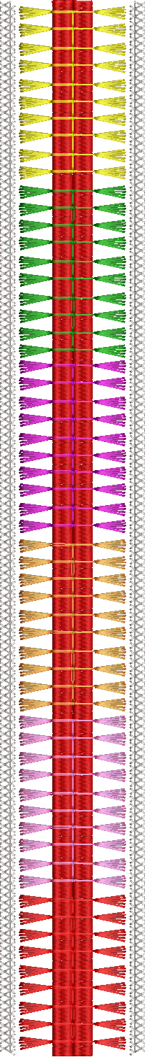 Embroidery design: A symmetrical, vertical embroidery design with a central red column, alternating horizontal colored brush strokes (yello