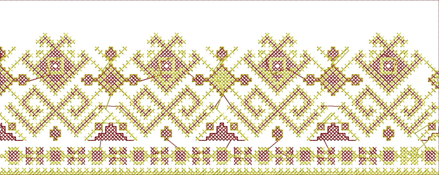 Embroidery design: A decorative border embroidery design with repeating geometric and diamond motifs in maroon and gold, featuring a tradit
