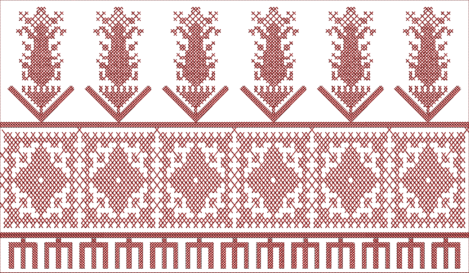 Embroidery design: A traditional embroidery design in deep red, featuring repeating geometric patterns including stylized trees, a central 
