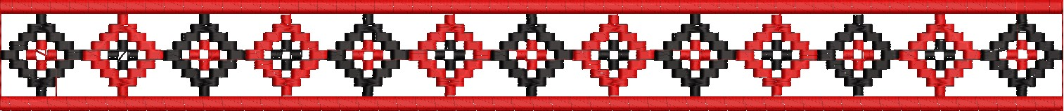 Embroidery design: A red and black geometric border design with repeating diamond shapes, framed by solid red lines.