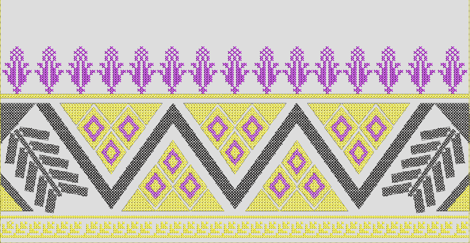 Embroidery design: A decorative embroidery border featuring repeating geometric patterns, stylized floral motifs, and leaf-like designs in 