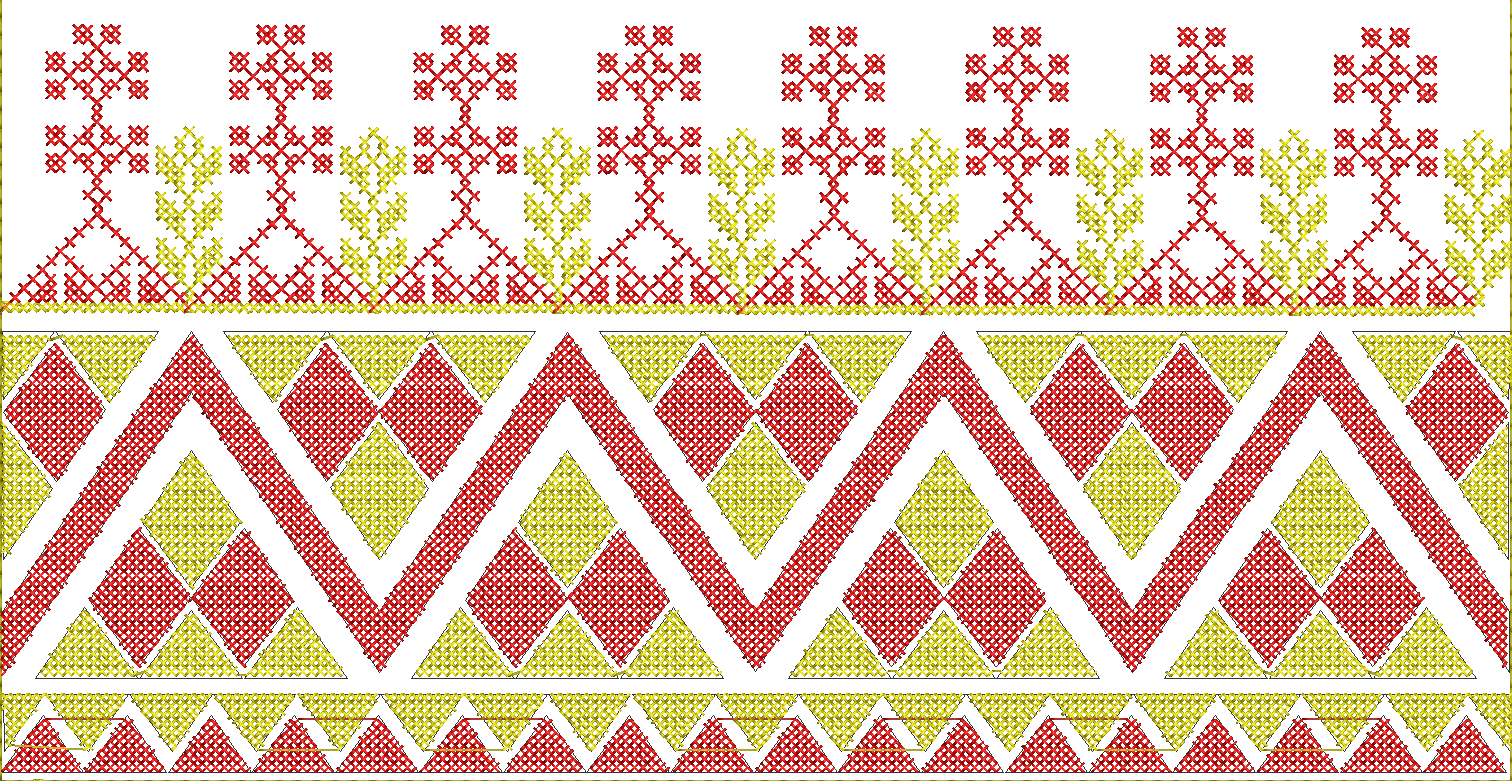 Embroidery design: A decorative embroidery border with repeating geometric patterns in red and yellow, featuring chevron and diamond motifs