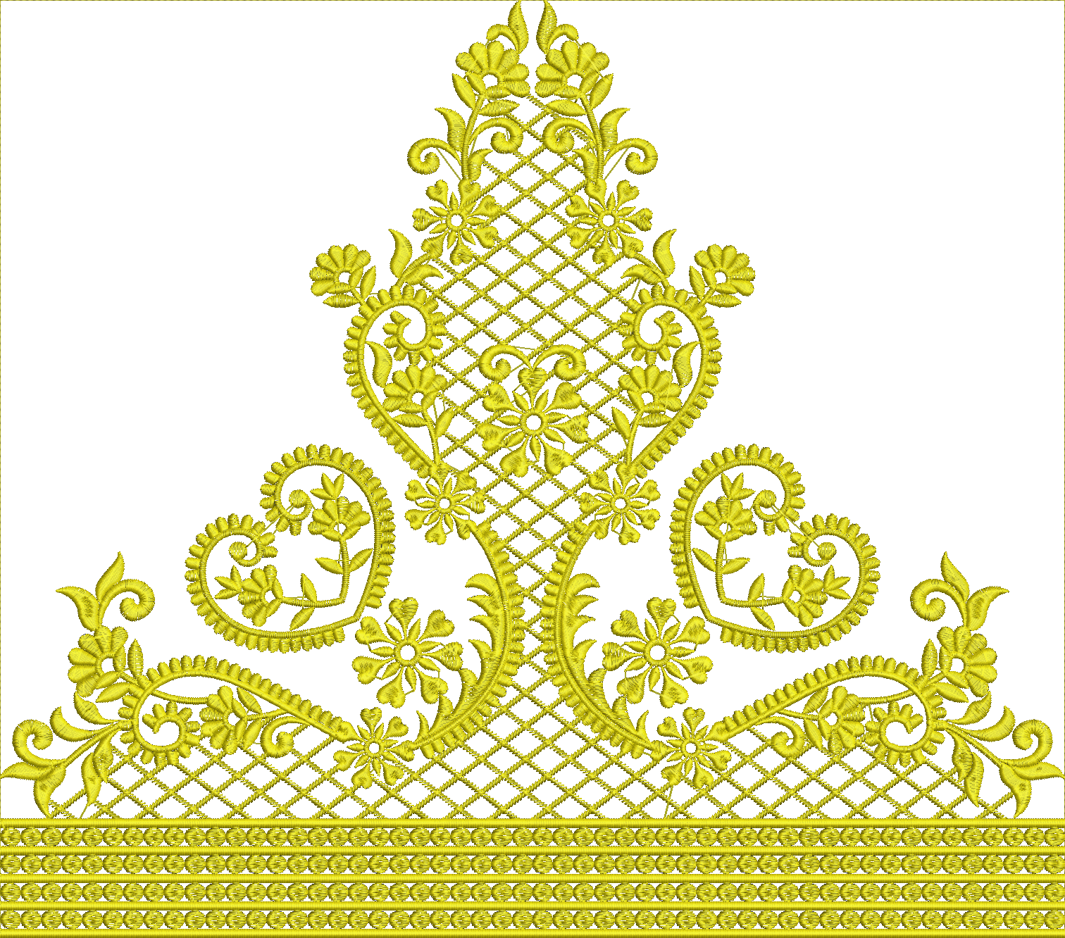 Embroidery design: A decorative yellow embroidery design featuring symmetrical floral and scrollwork motifs with a lace-like appearance, fo