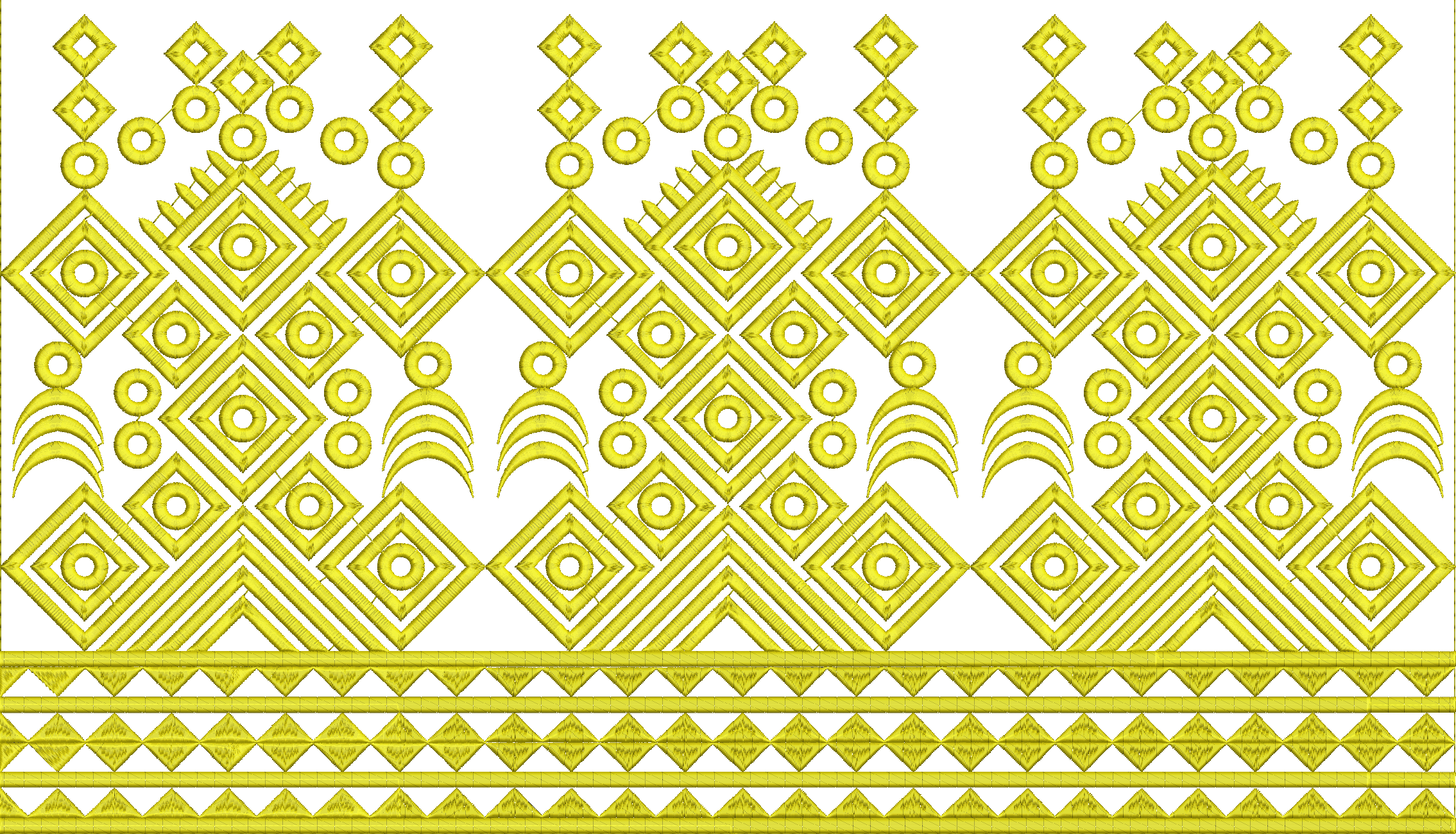 Embroidery design: A decorative yellow embroidery border design with repeating geometric and diamond motifs in a traditional, ethnic, and s