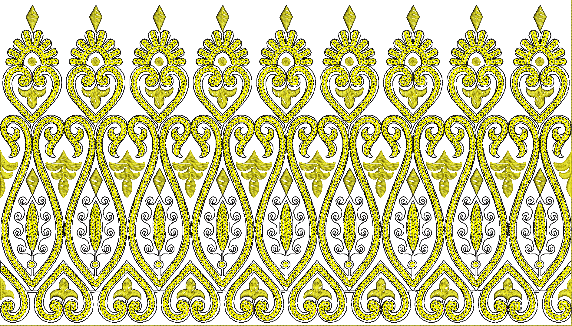 Embroidery design: A decorative and ornamental yellow and black symmetrical border with repeating scrollwork and geometric motifs.