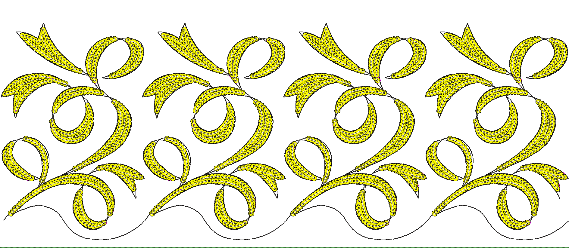 Embroidery design: A repeating yellow ornamental border design with scrollwork, vine, foliage, and leaf motifs, filled with a dense texture