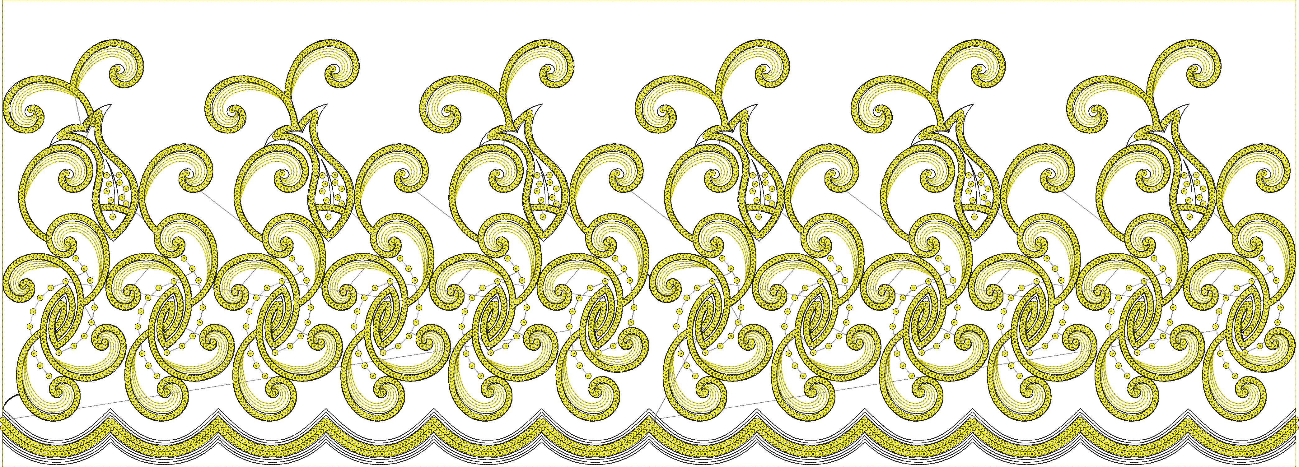 Embroidery design: A repeating yellow embroidery border design with scrollwork, arabesque elements, and a wavy bottom edge, accented with s