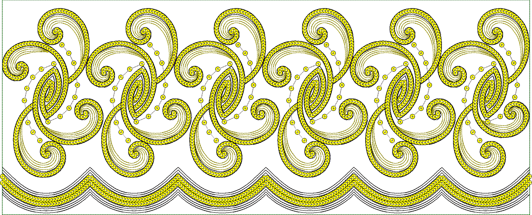 Embroidery design: A decorative yellow and black embroidery border with repeating symmetrical scrollwork and wave patterns on a white backg