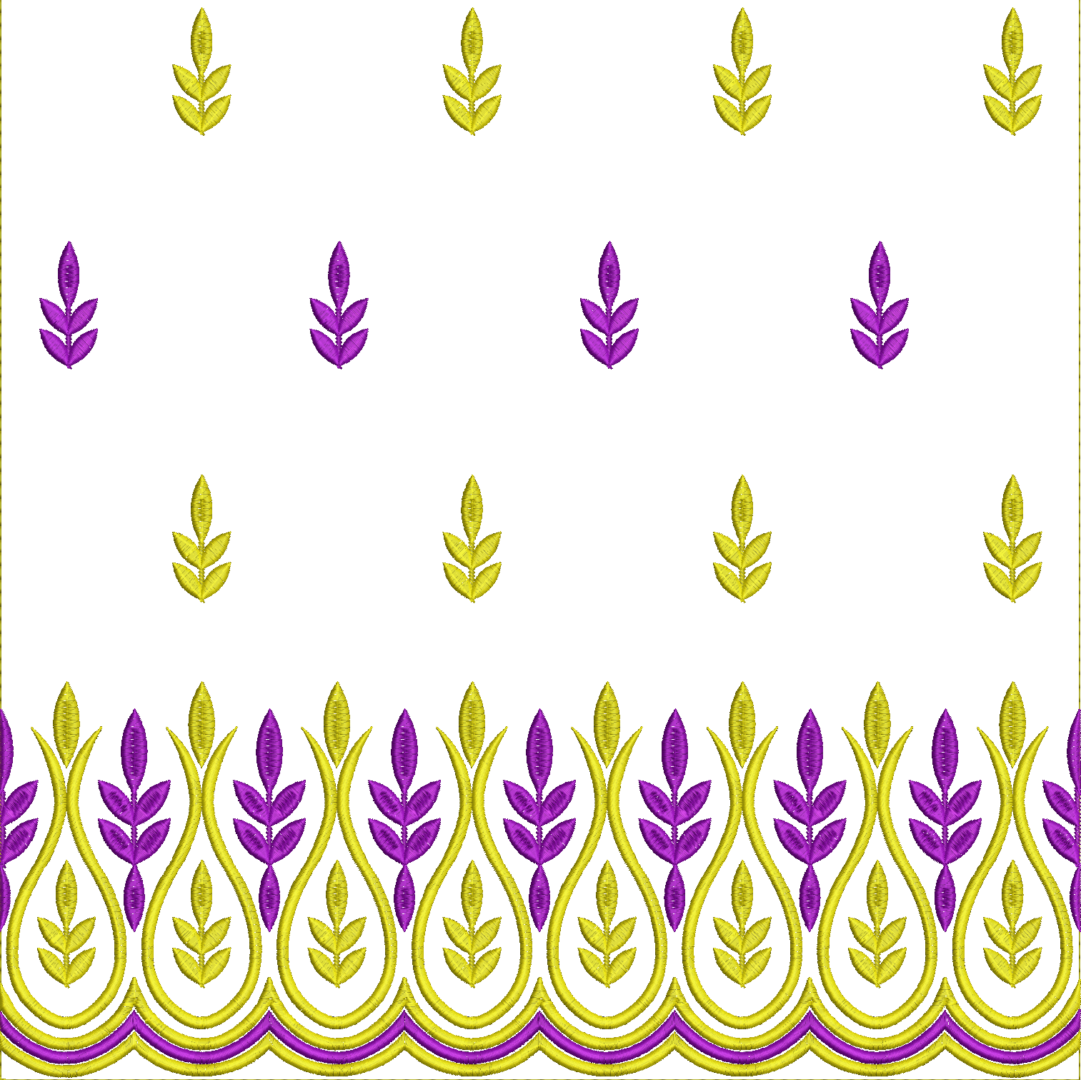 Embroidery design: A decorative border embroidery design featuring repeating symmetrical floral and leaf motifs in purple and yellow.