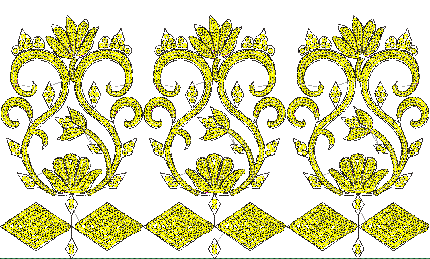 Embroidery design: A repeating, symmetrical yellow floral border design with ornamental and geometric elements, featuring flowers, leaves, 