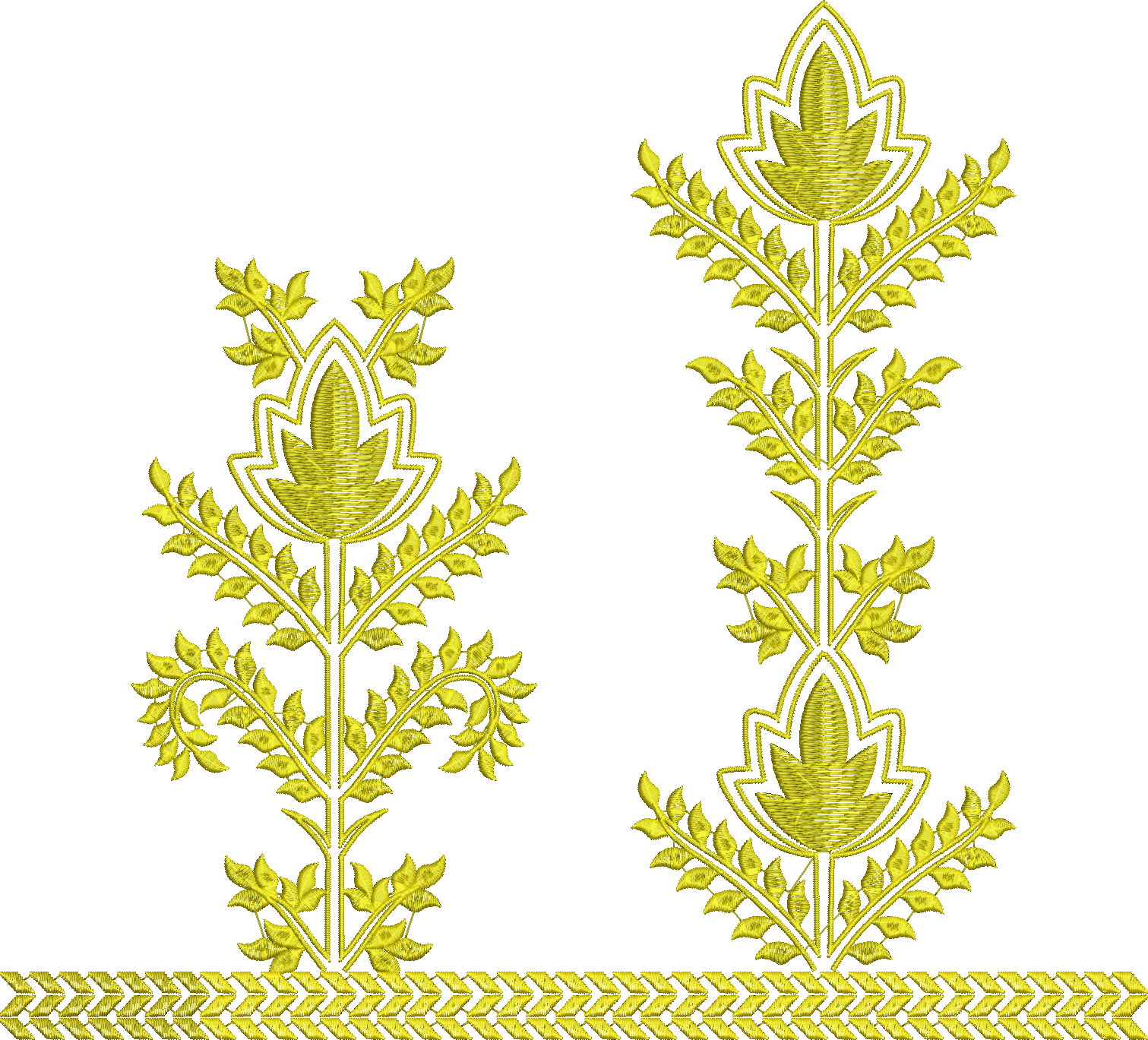 Embroidery design: Two symmetrical, ornamental, and botanical embroidery designs in golden yellow, featuring intricate leaf and stem patter