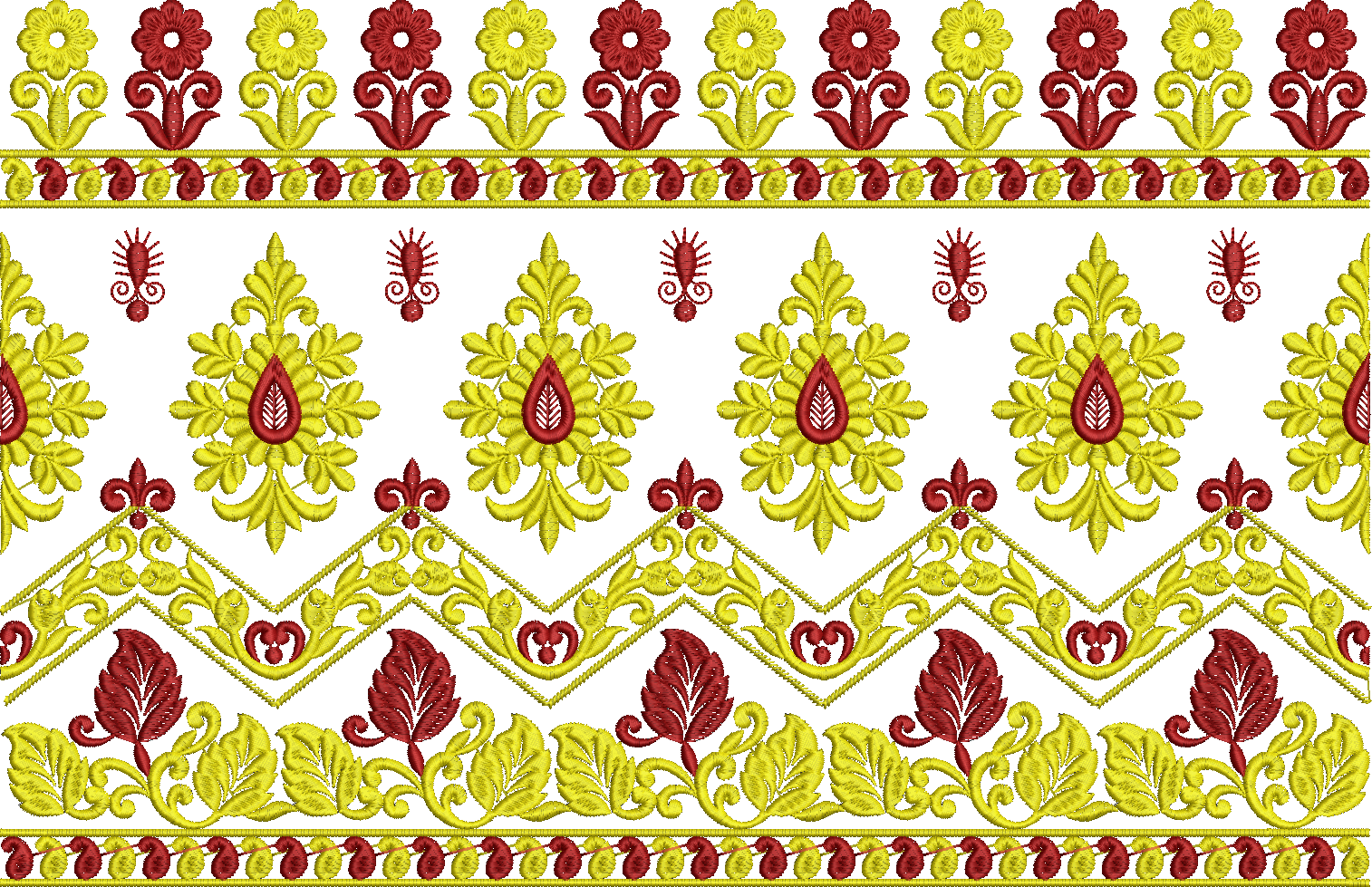 Embroidery design: A repeating decorative border embroidery design in red and yellow, featuring floral, leaf, and vine motifs with traditio