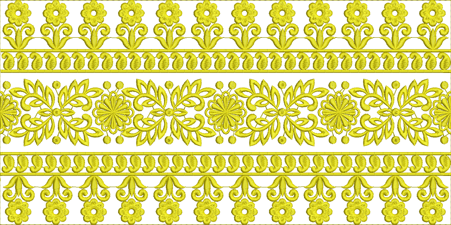 Embroidery design: A yellow embroidery border design featuring three horizontal bands with repeating floral, paisley, and scrollwork motifs