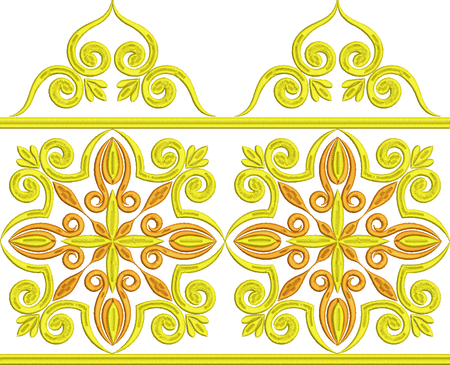Embroidery design: A decorative embroidery border with repeating symmetrical scrollwork and floral motifs in shades of yellow and orange.