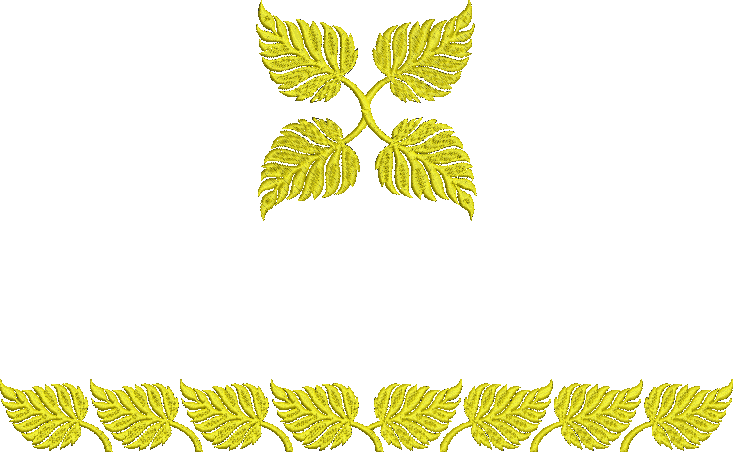 Embroidery design: A symmetrical embroidery design with a central motif of four golden-yellow leaves and a repeating horizontal border of l
