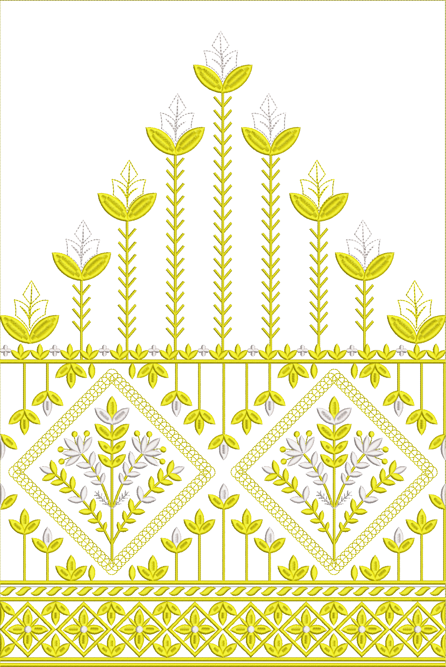 Embroidery design: An ornamental embroidery design featuring a symmetrical arrangement of yellow and silver botanical motifs with repeating