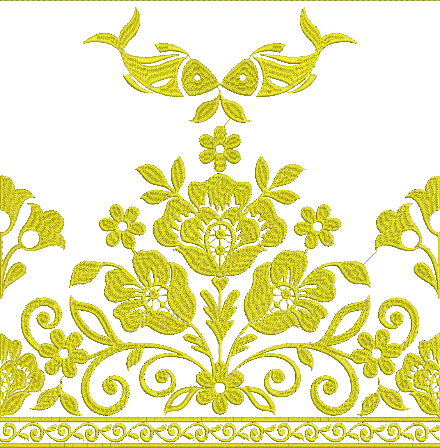 Embroidery design: An ornamental embroidery design in yellow featuring a decorative border with scrollwork and leaves, floral elements incl