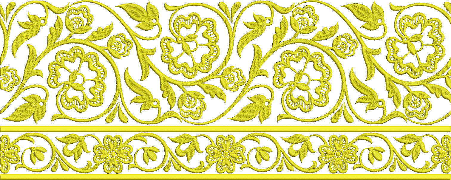Embroidery design: A yellow embroidery border featuring repeating scrolling vines, leaves, and floral motifs in a traditional and ornamenta