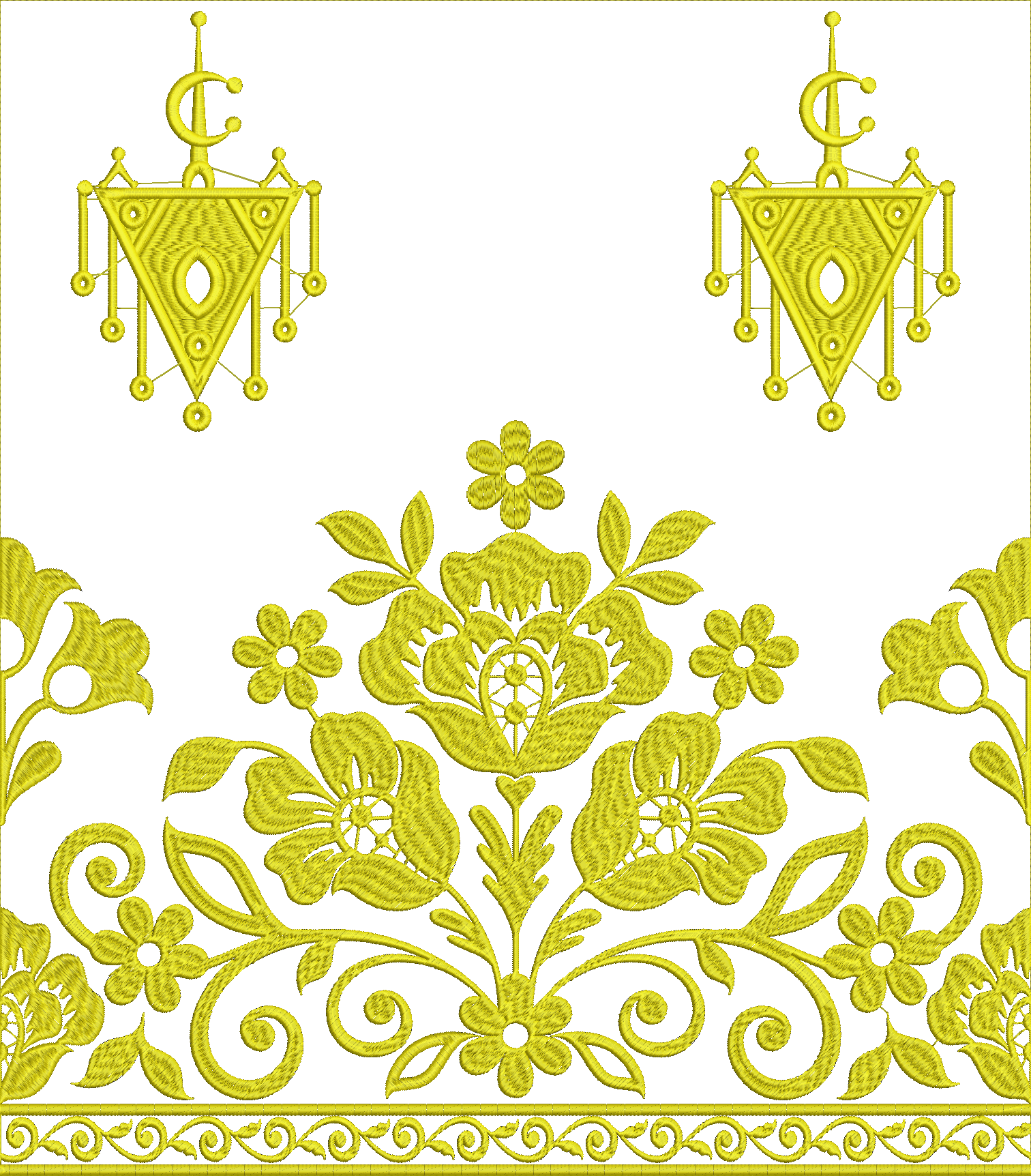 Embroidery design: A yellow embroidery design featuring a central ornamental floral motif with scrolling vines and leaves, a decorative bor