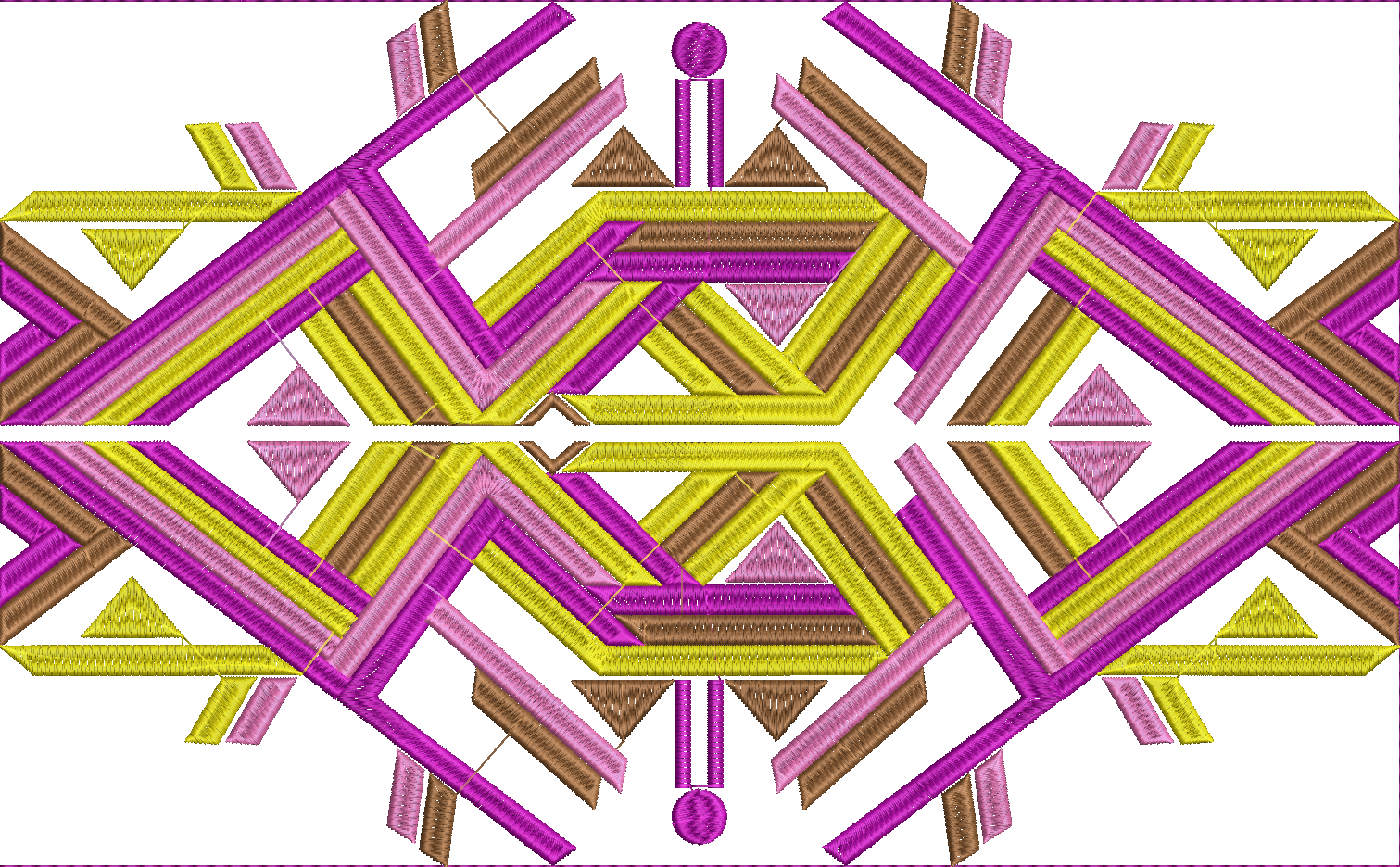 Embroidery design: A decorative embroidery design with a repeating, symmetrical geometric pattern in pink, purple, yellow, and brown.