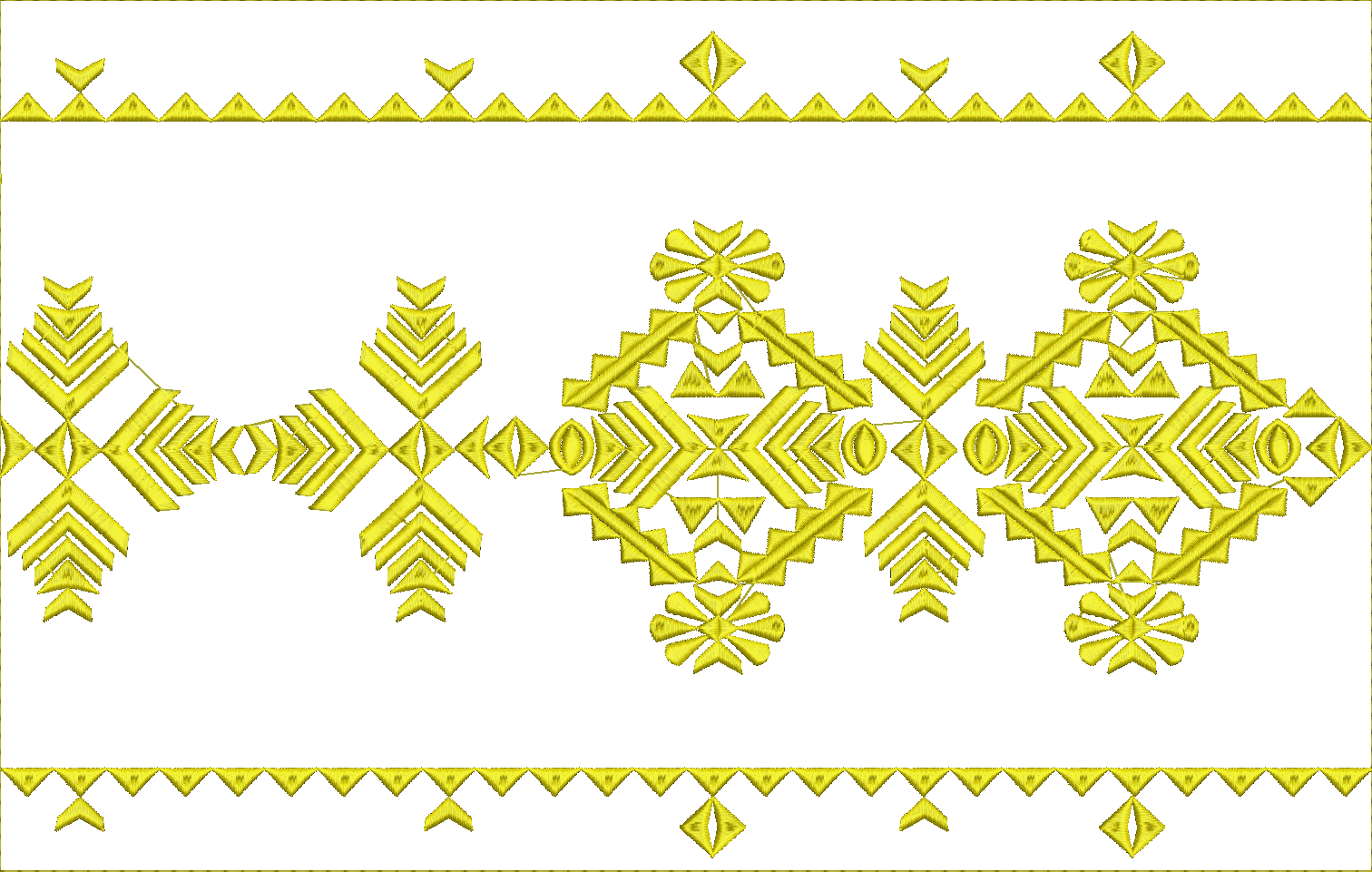 Embroidery design: A yellow horizontal border embroidery design with repeating geometric patterns including diamonds and chevrons in an eth