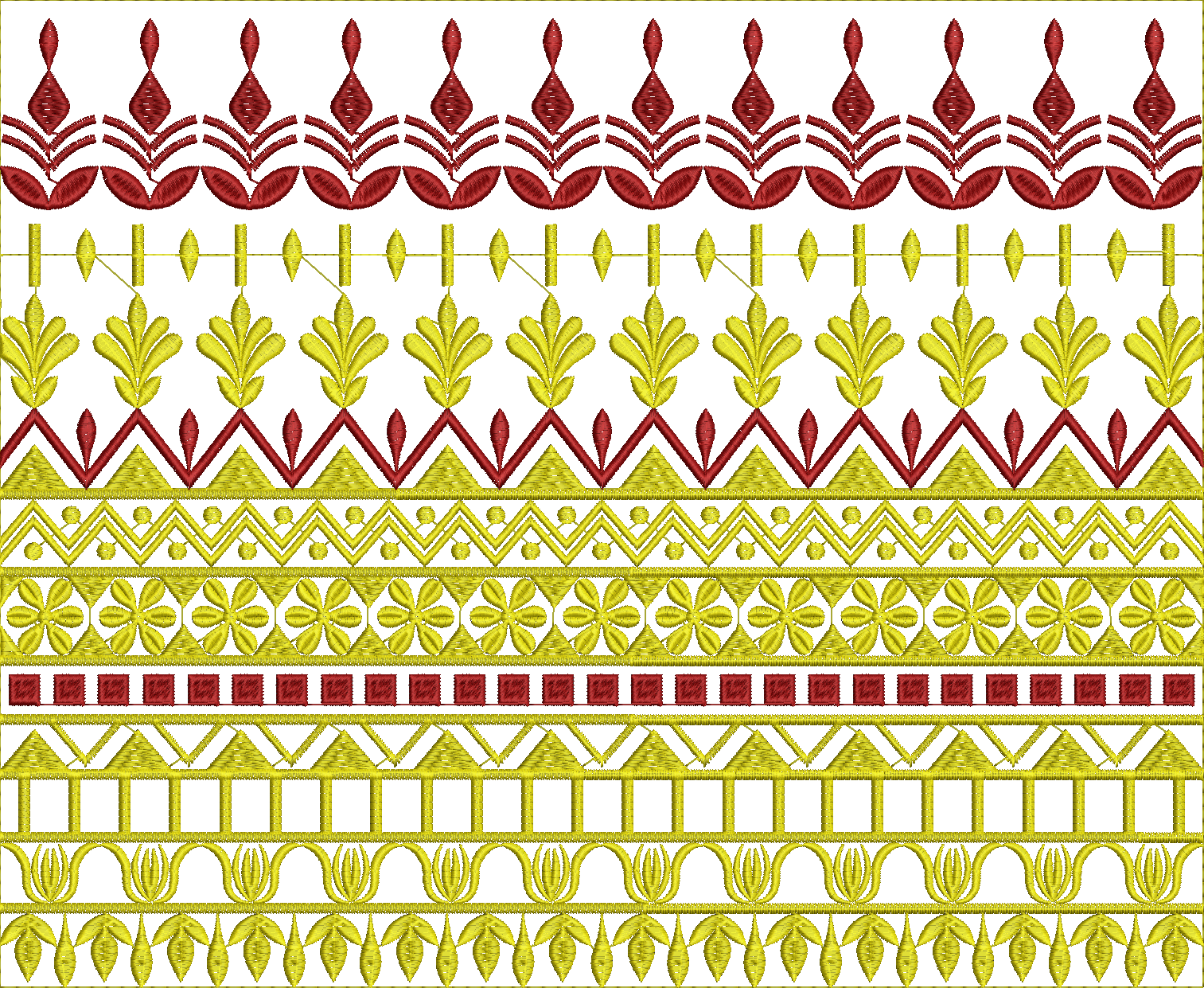 Embroidery design: A collection of decorative embroidery borders featuring geometric and floral patterns in red and yellow.