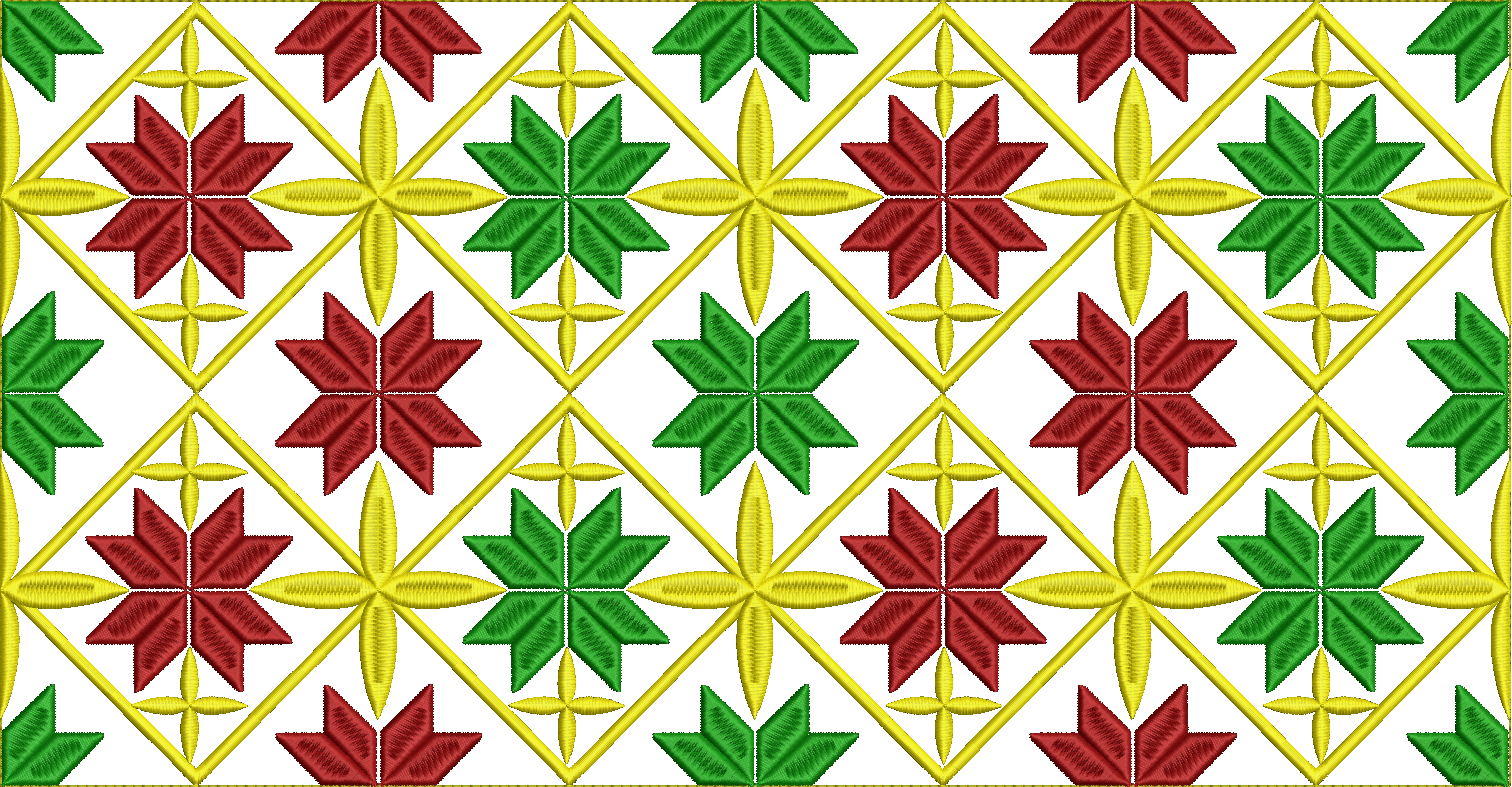 Embroidery design: A repeating all-over embroidery design featuring a symmetrical geometric pattern of red and green eight-pointed stars in