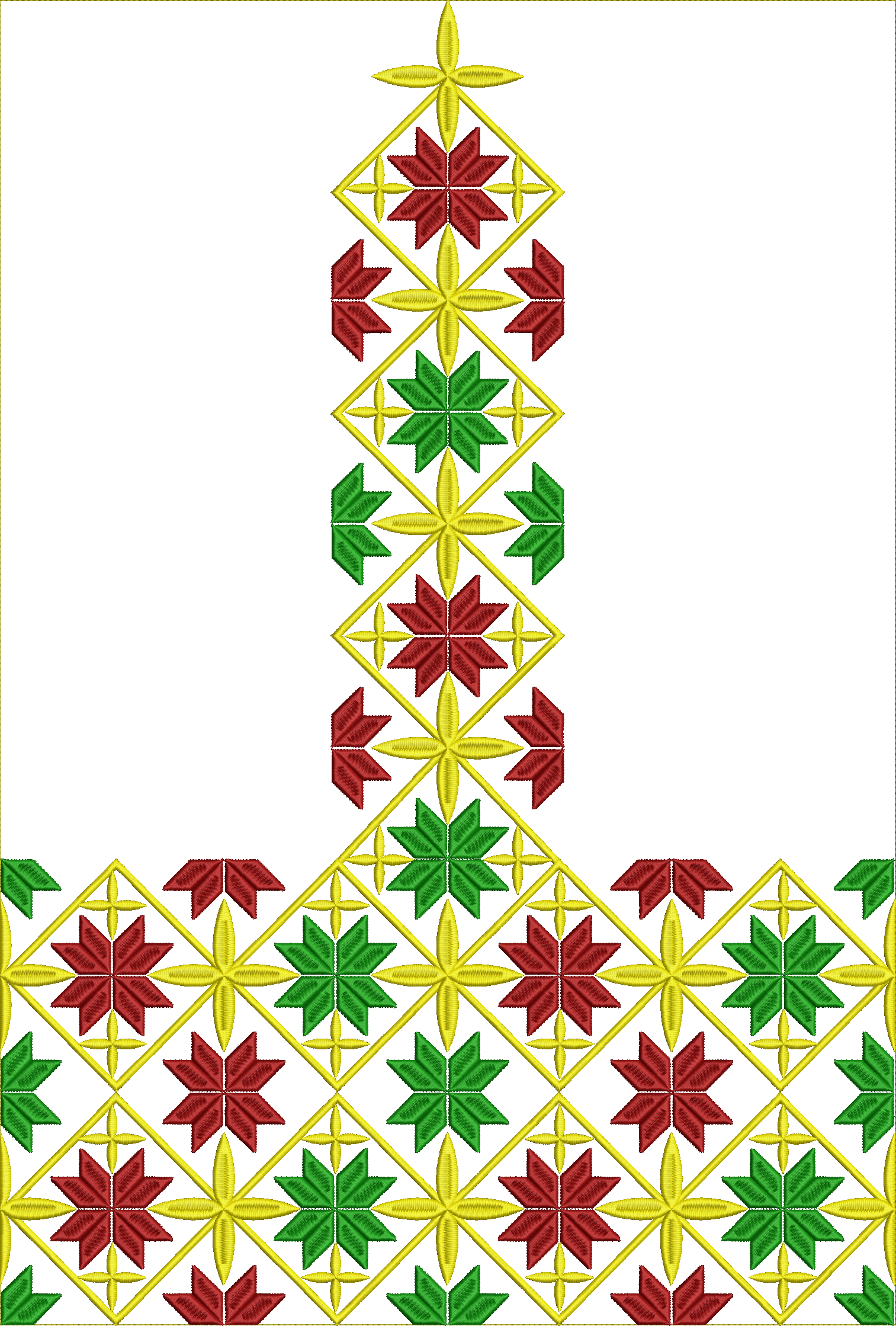 Embroidery design: A repeating, symmetrical embroidery design in red, green, and yellow, featuring geometric shapes and star-like motifs, s