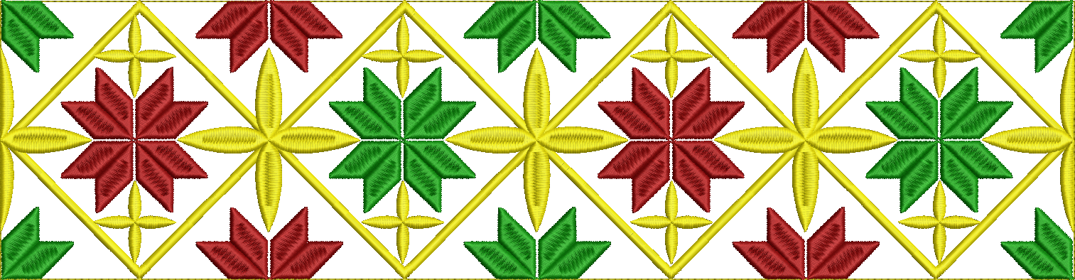 Embroidery design: A repeating border embroidery design featuring geometric patterns and star-like floral motifs in red, green, and yellow.