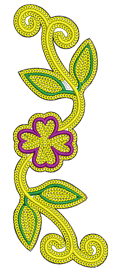 Embroidery design: A decorative embroidery design featuring a central purple four-petal flower surrounded by scrolling yellow vines and gre
