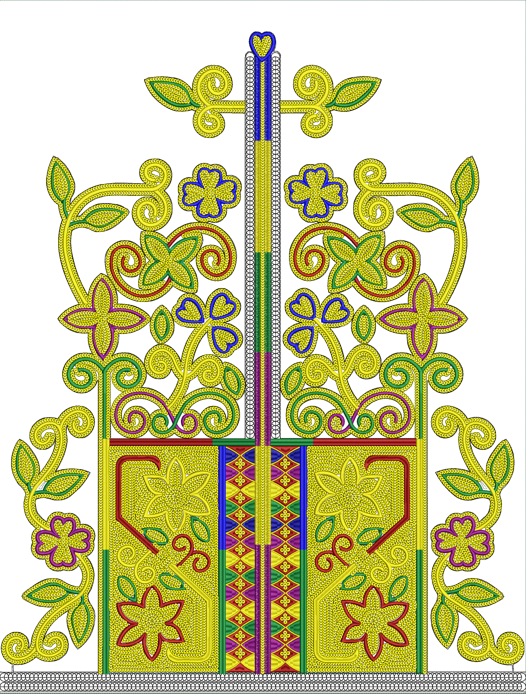 Embroidery design: A symmetrical ornamental embroidery design with yellow, green, blue, purple, and red threads. It features floral, leaf, 