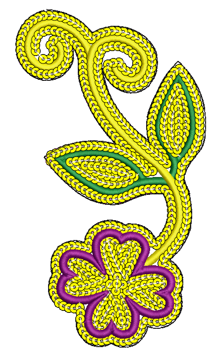 Embroidery design: An embroidery design featuring a purple flower with yellow sequin fill, surrounded by a yellow sequined vine and green l