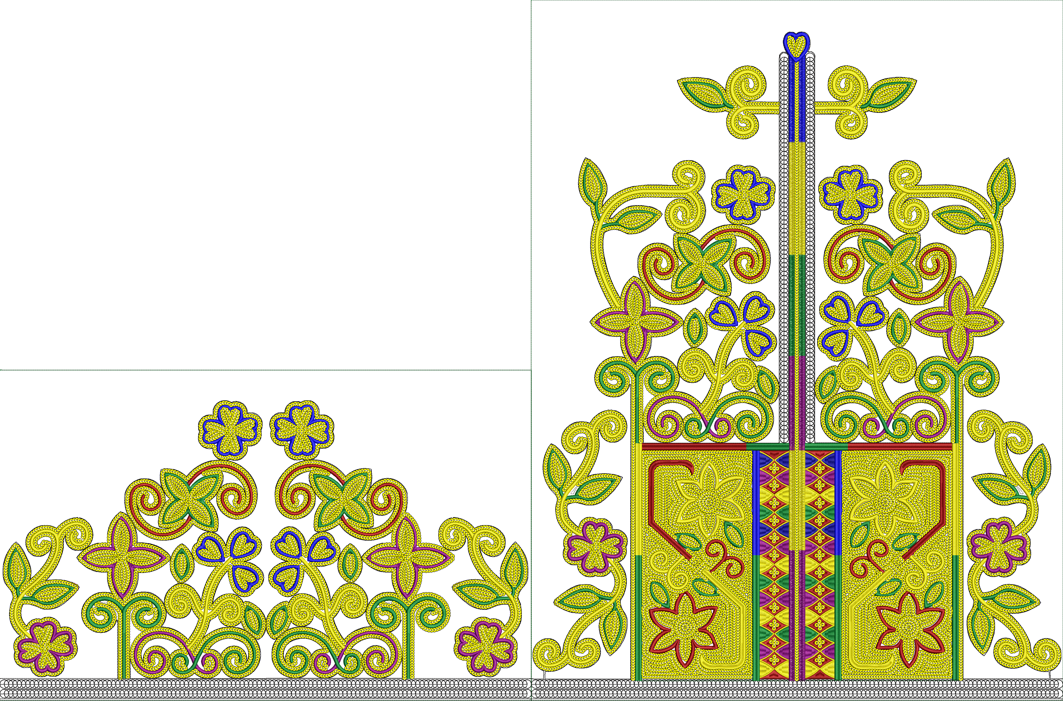 Embroidery design: A symmetrical embroidery design featuring a decorative border with yellow, green, red, blue, and purple floral and scrol
