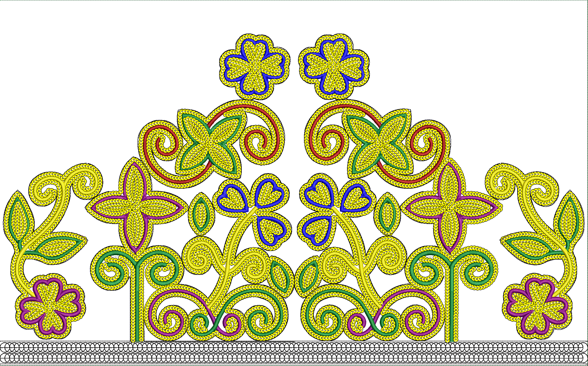 Embroidery design: A symmetrical, ornamental embroidery design featuring stylized yellow floral and scrollwork motifs with green, blue, red