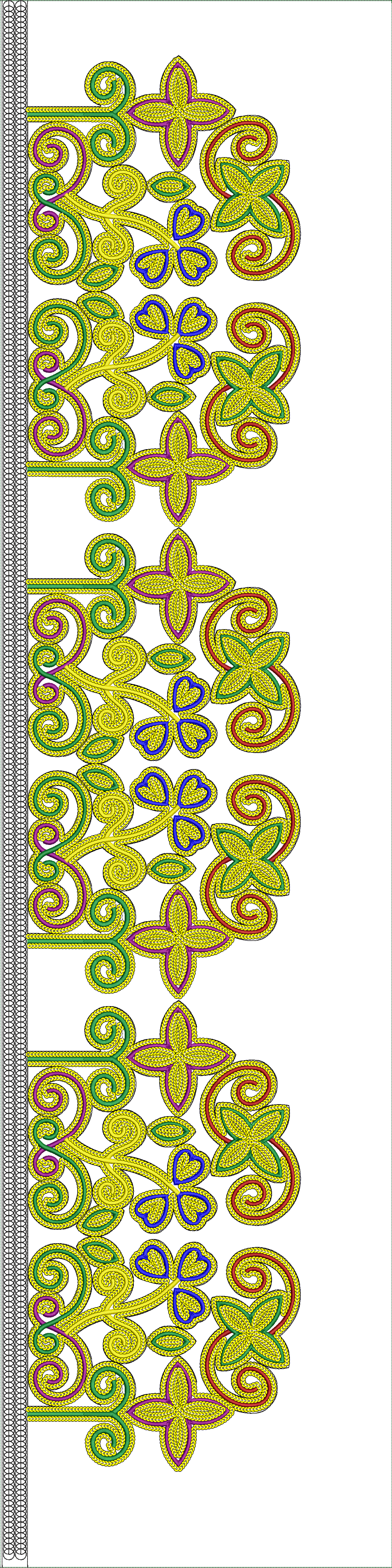 Embroidery design: A decorative border embroidery design with repeating symmetrical scrollwork and leaf motifs in yellow, green, purple, re
