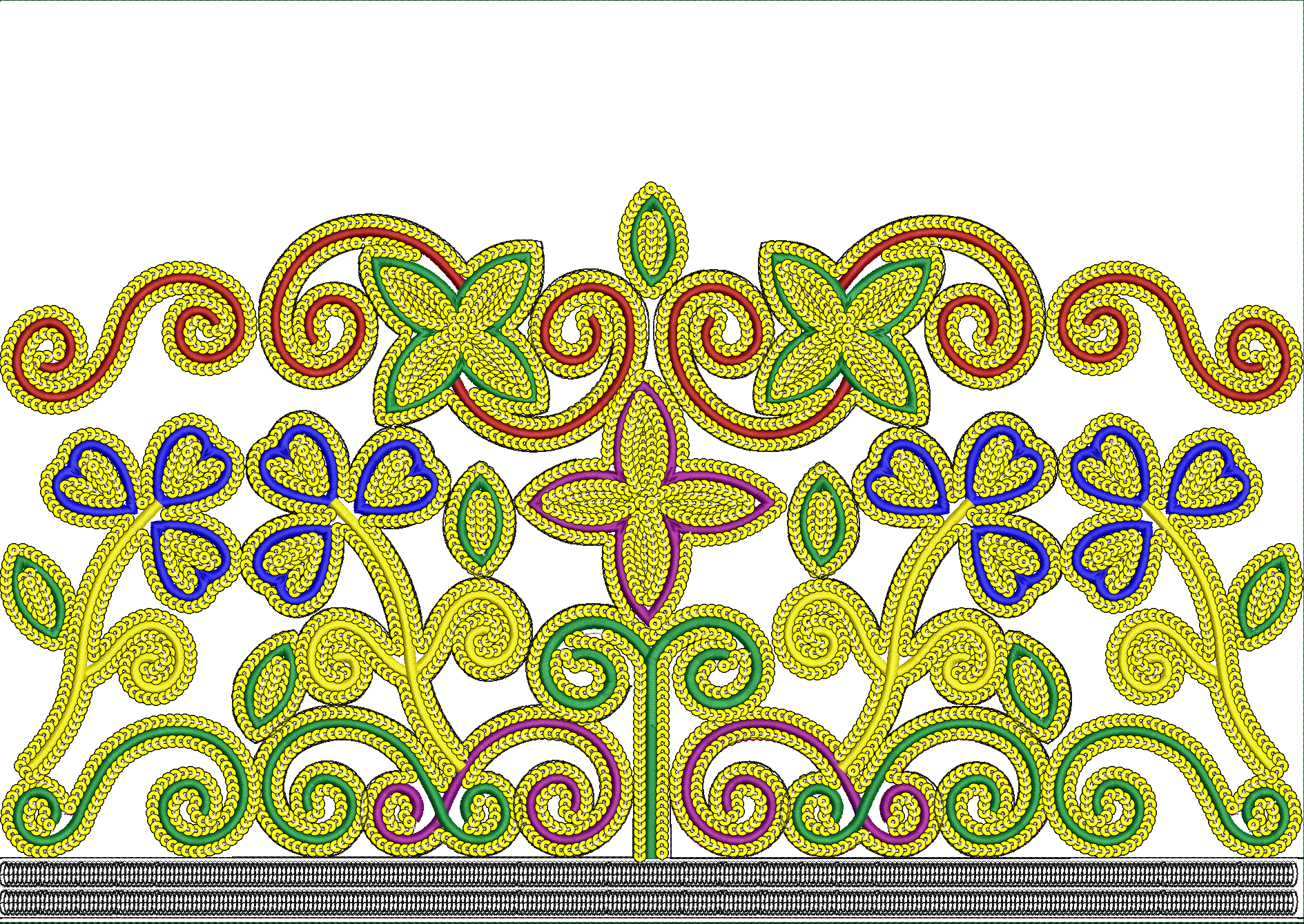 Embroidery design: An ornamental embroidery border design featuring yellow scrollwork with red, green, blue, and purple floral and leaf mot