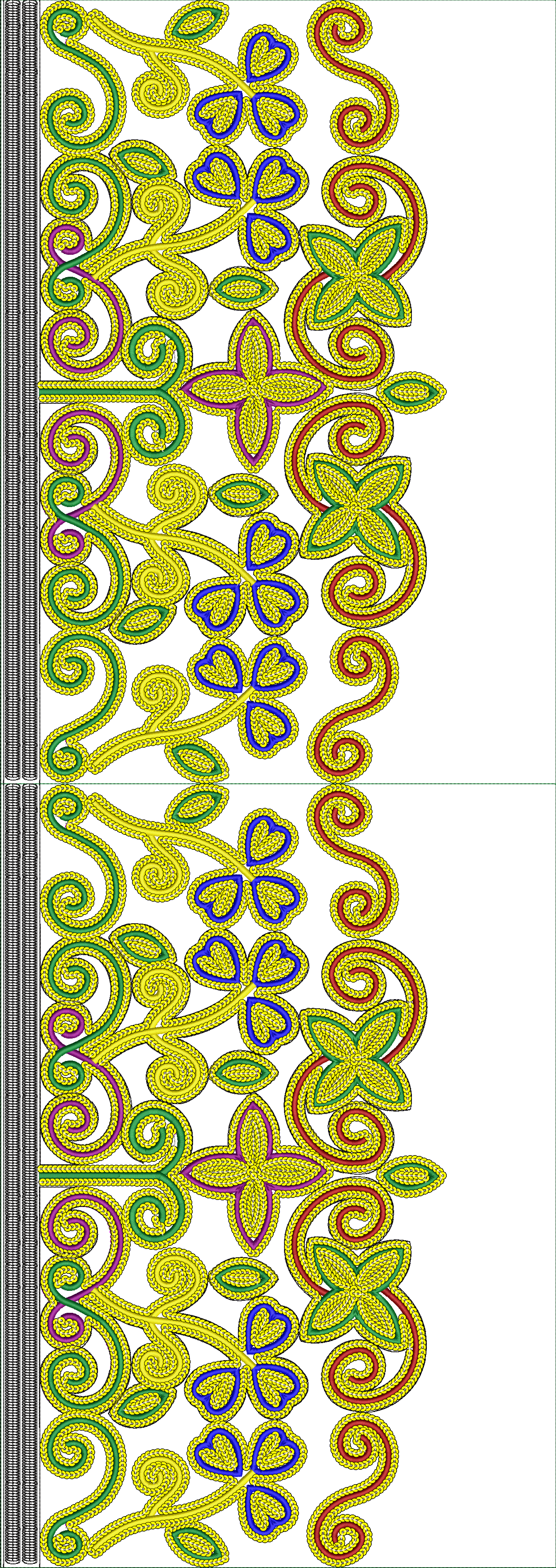 Embroidery design: A decorative border embroidery design with repeating symmetrical floral and scrollwork motifs in yellow, green, blue, re