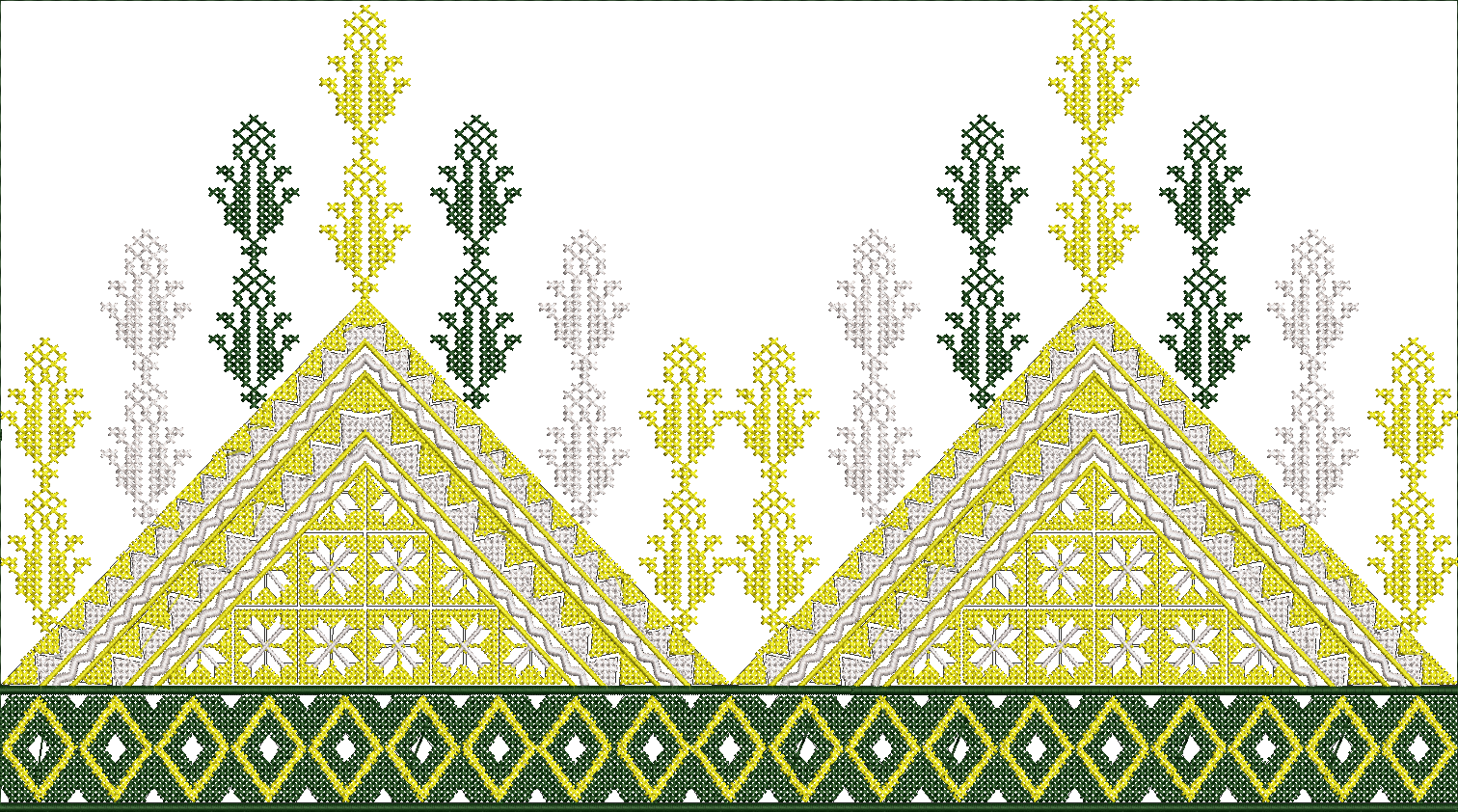 Embroidery design: An ethnic and decorative embroidery design featuring layered triangular motifs with geometric and floral patterns in yel