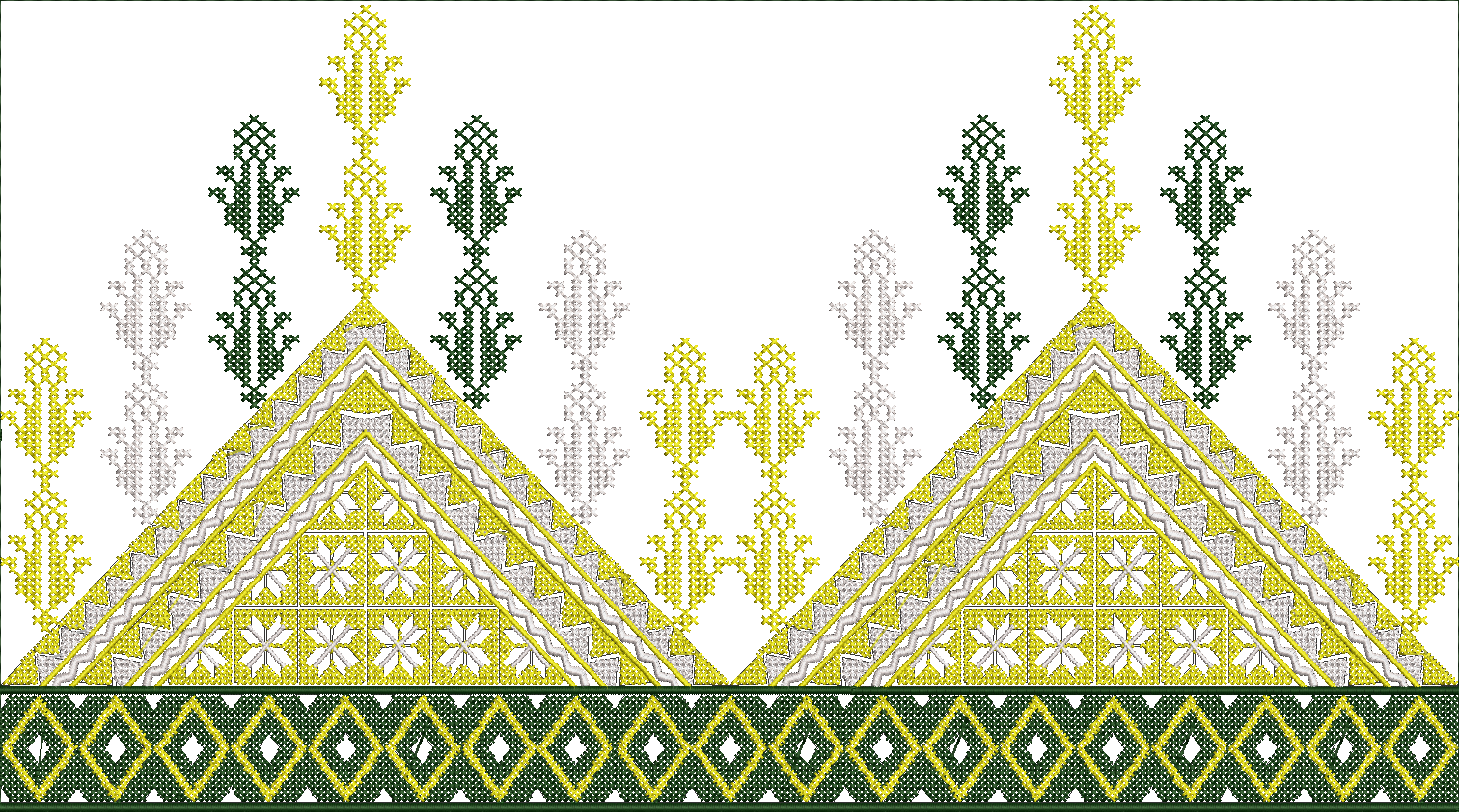 Embroidery design: A decorative embroidery design featuring a geometric border with diamond patterns in dark green and yellow, and above it