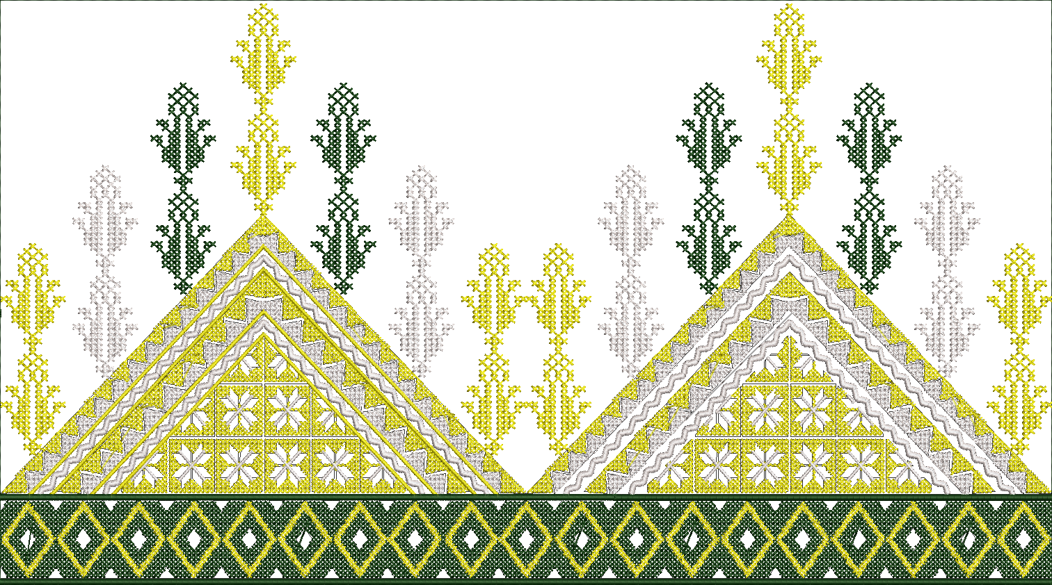 Embroidery design: A decorative embroidery border design featuring symmetrical geometric triangular motifs in yellow, white, and silver, wi