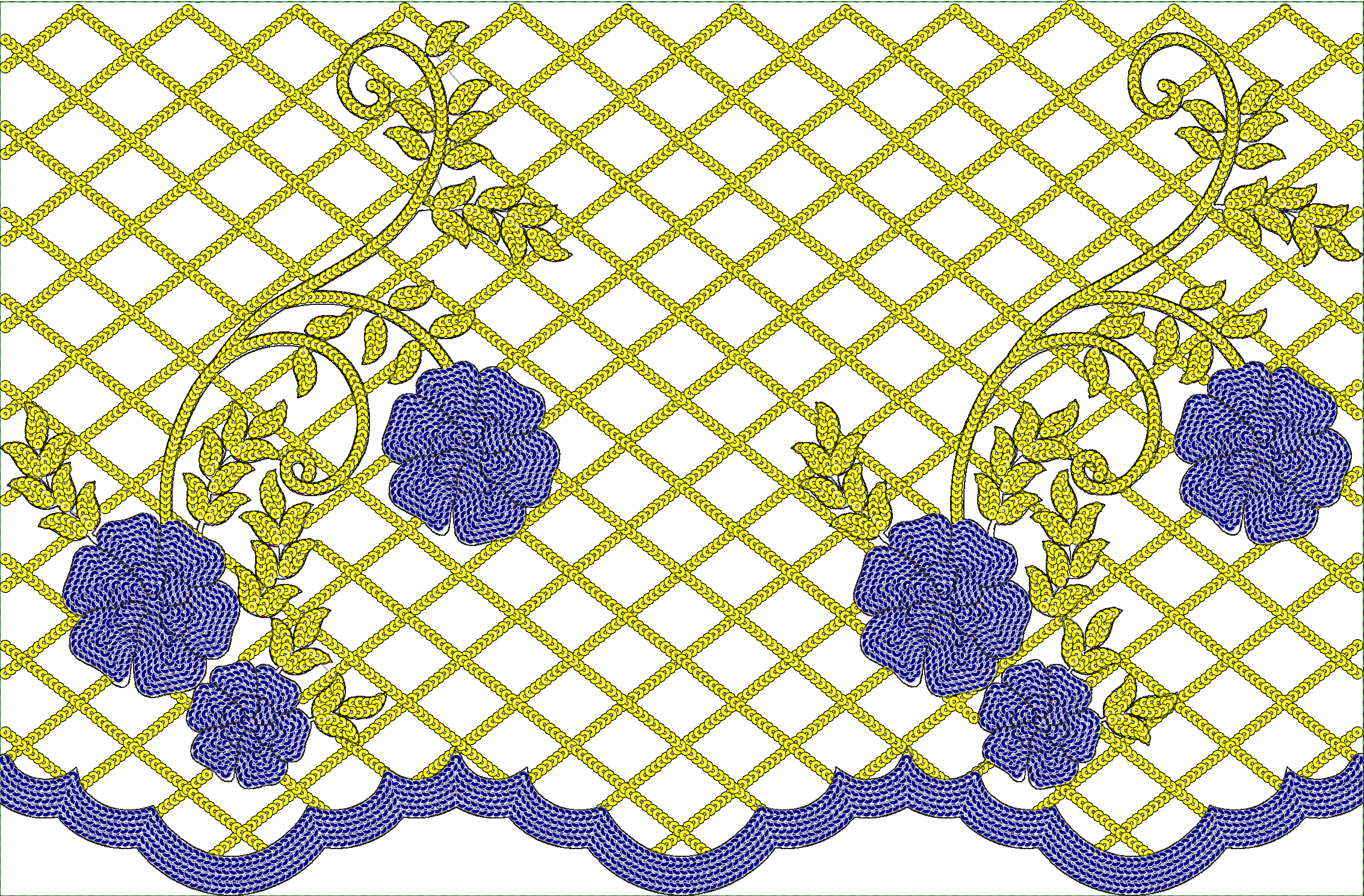 Embroidery design: A decorative border design featuring blue floral and vine motifs against a yellow lattice background with a scalloped ed
