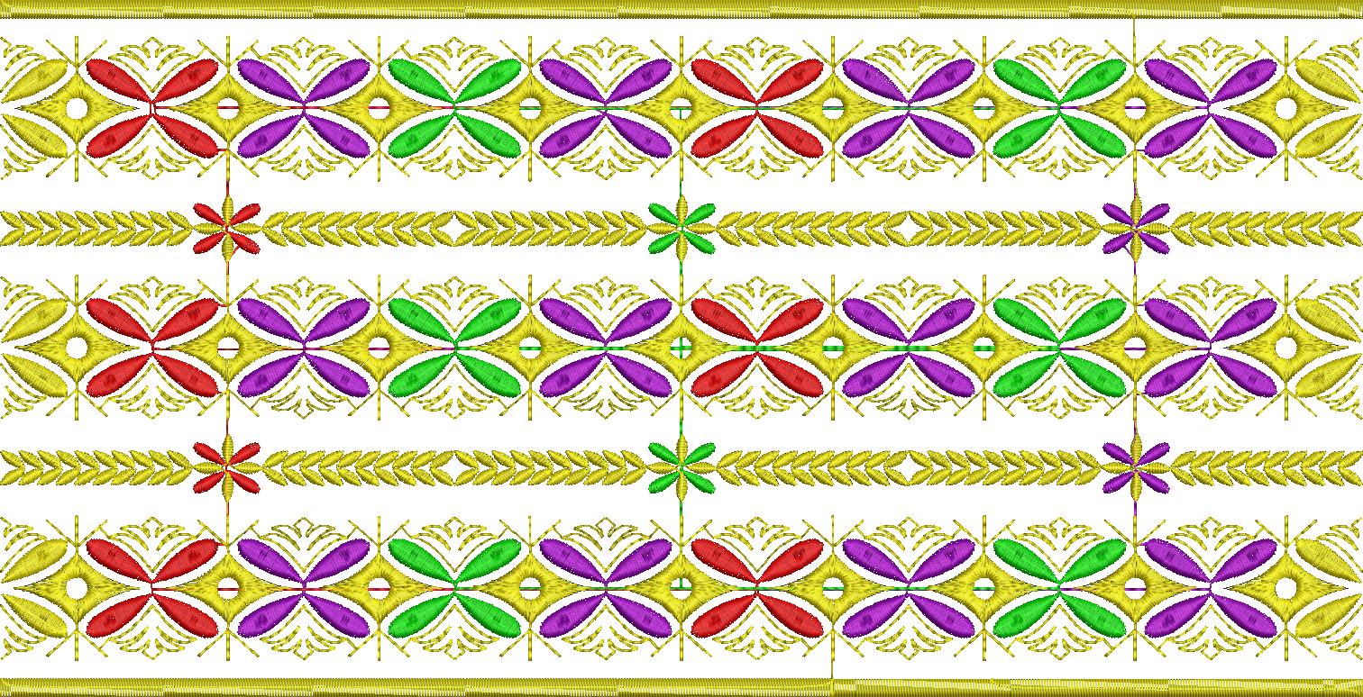 Embroidery design: A decorative and ornamental embroidery design featuring a repeating, symmetrical border with stylized floral motifs in r