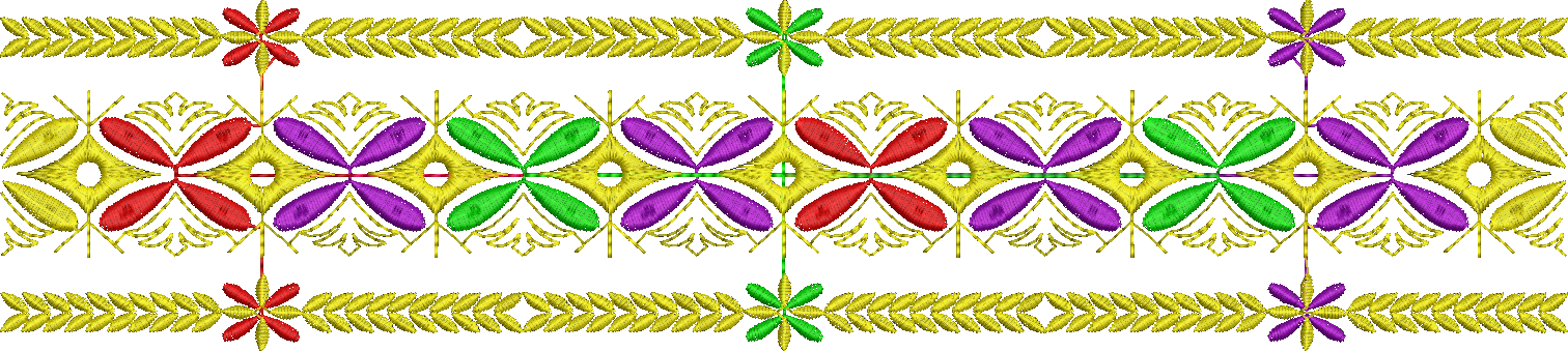 Embroidery design: A colorful symmetrical repeating embroidery border design featuring yellow ornamental motifs with red, green, and purple