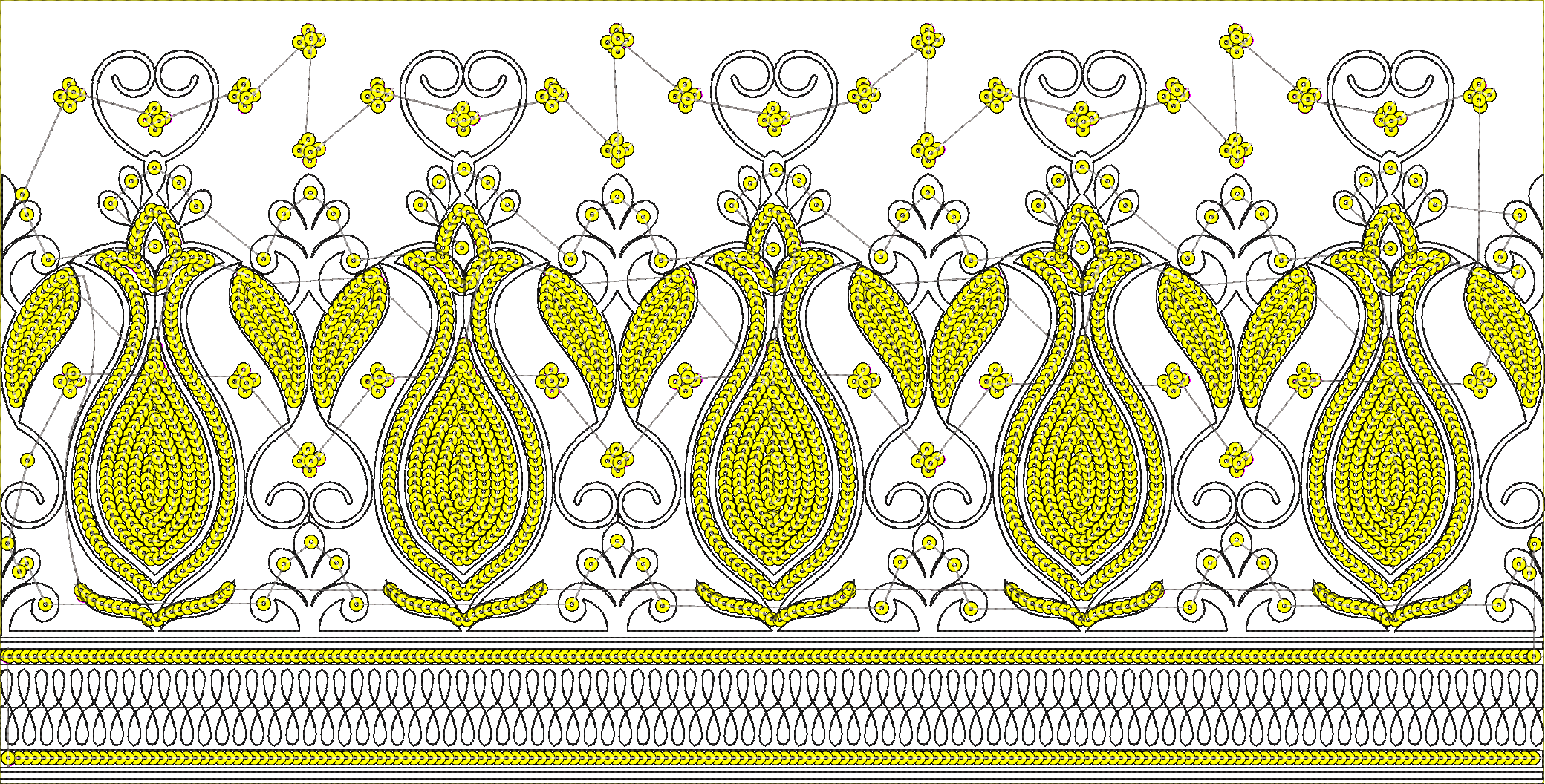Embroidery design: A symmetrical, repeating yellow and black border design with floral and geometric motifs, featuring stylized tulip shape