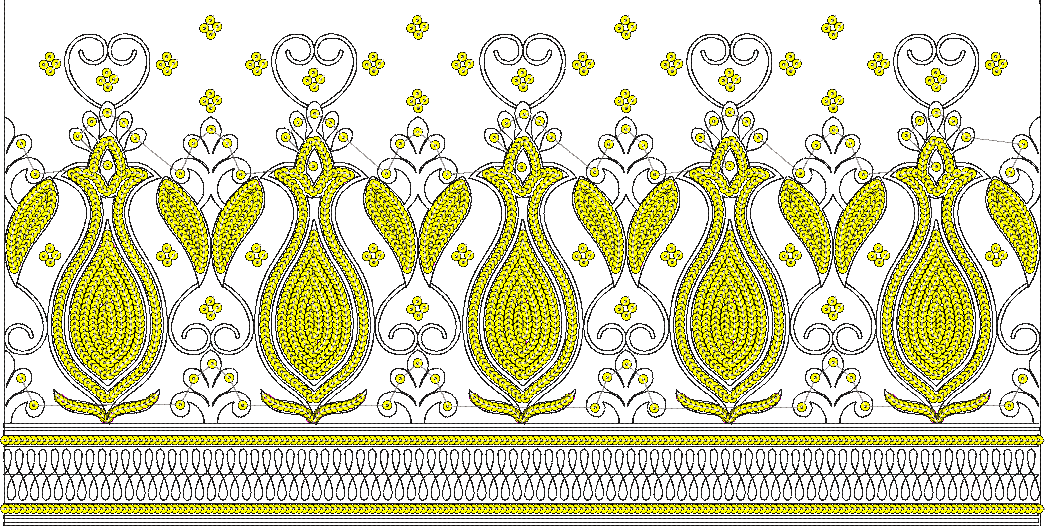 Embroidery design: A decorative yellow and black border design with repeating symmetrical floral and vine motifs.