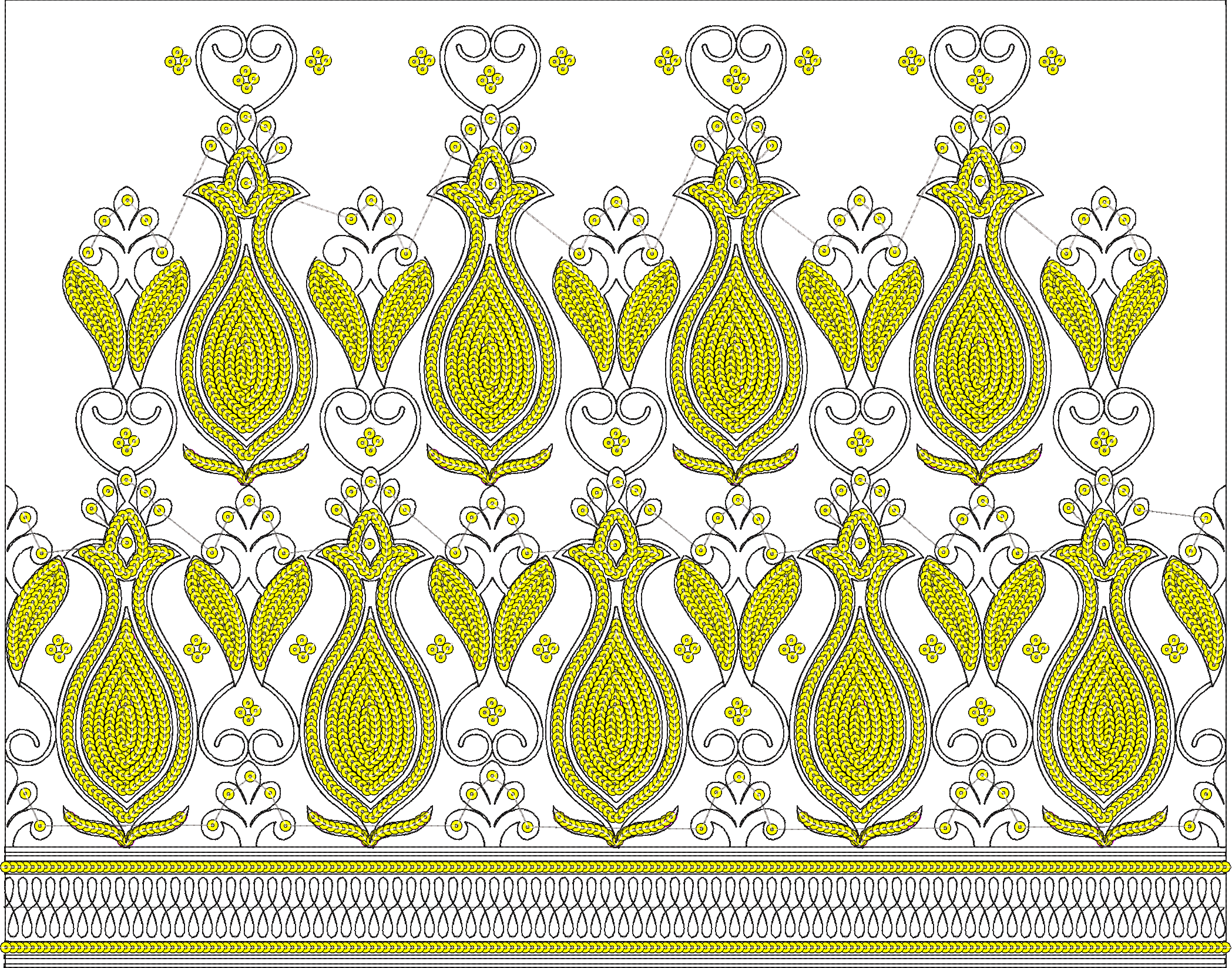 Embroidery design: A symmetrical yellow and black decorative border embroidery design with repeating paisley and floral motifs on a white b