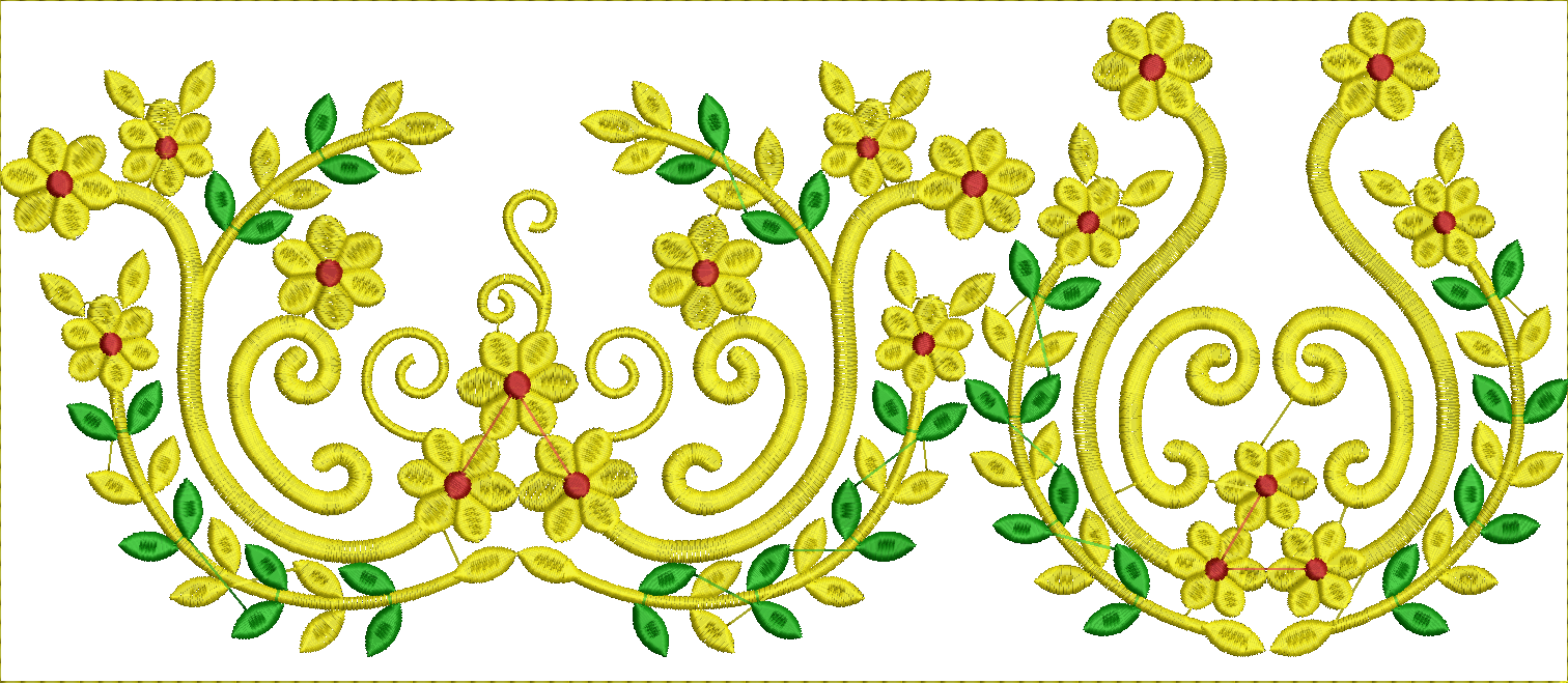 Embroidery design: A decorative border embroidery design featuring yellow flowers with red centers and green leaves on a scrolling vine pat