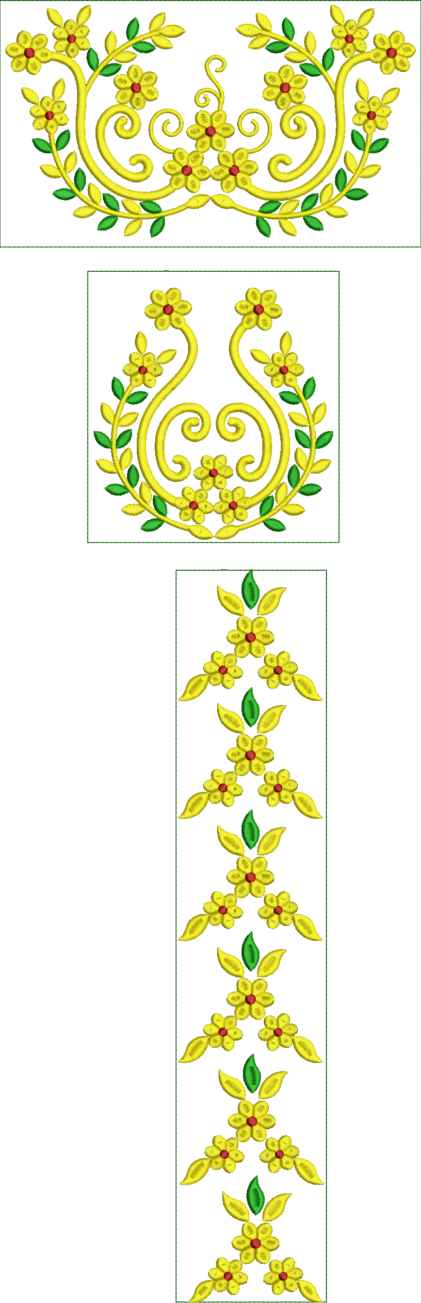 Embroidery design: A symmetrical embroidery design featuring yellow flowers with red centers and green leaves, connected by yellow vines an