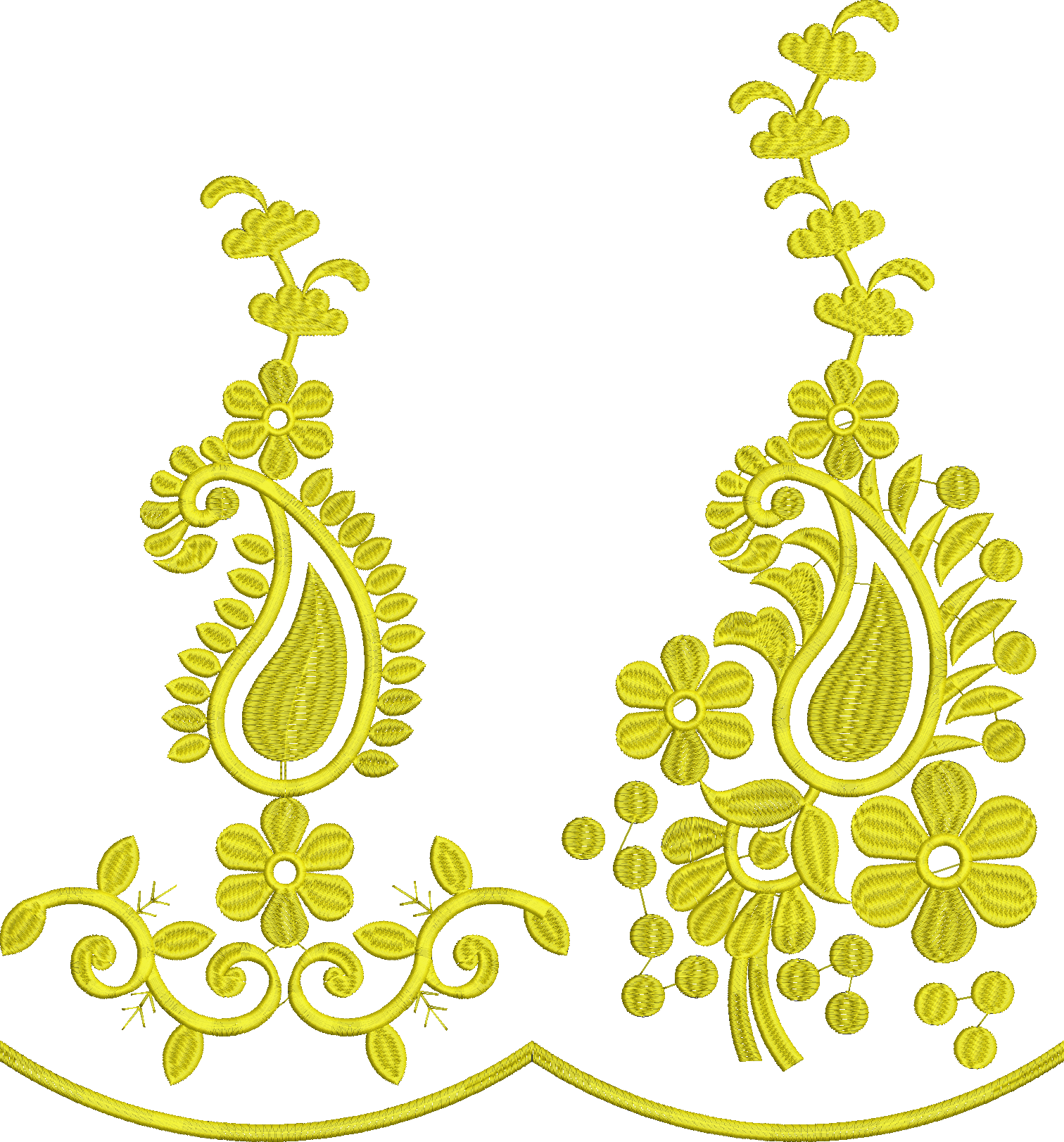 Embroidery design: A yellow embroidery design featuring paisley motifs, flowers, and leaves, suitable for a border or decorative panel.